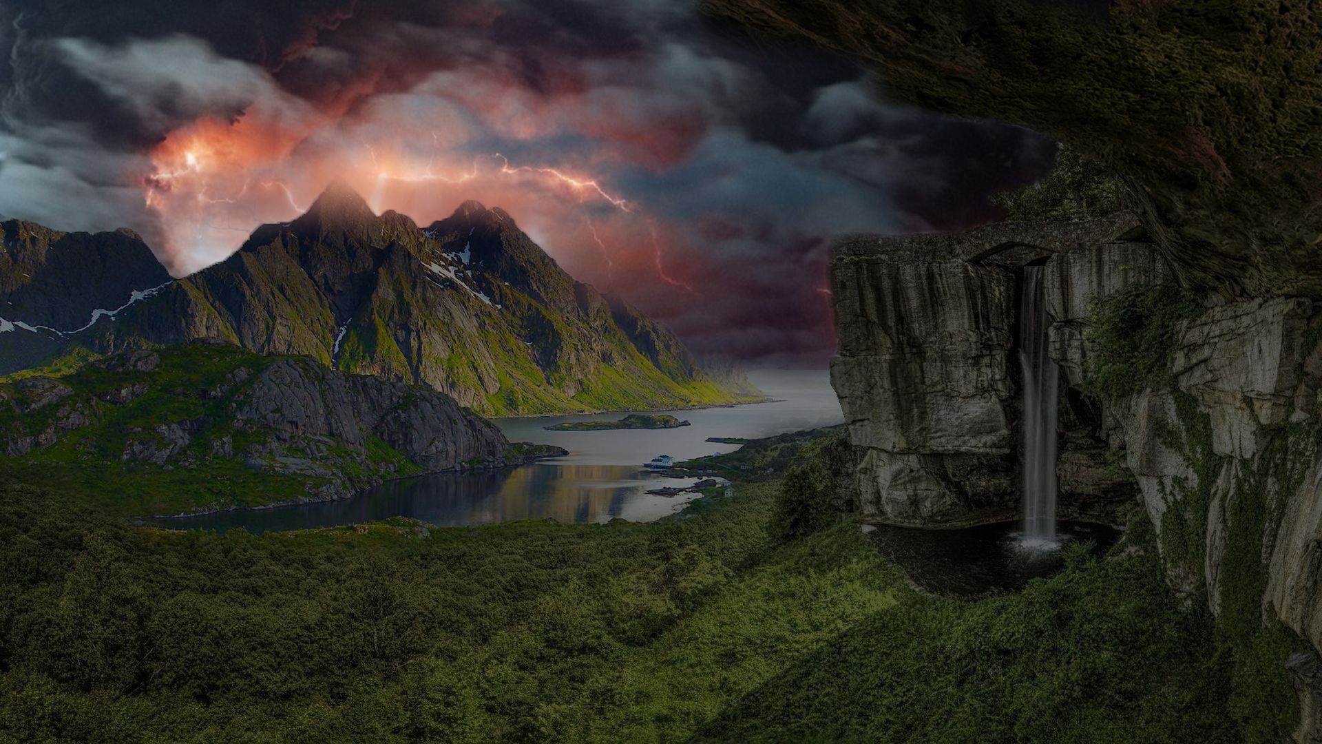 Laden Sie das Landschaft, See, Wasserfall, Gebirge, Sturm, Erde/natur-Bild kostenlos auf Ihren PC-Desktop herunter