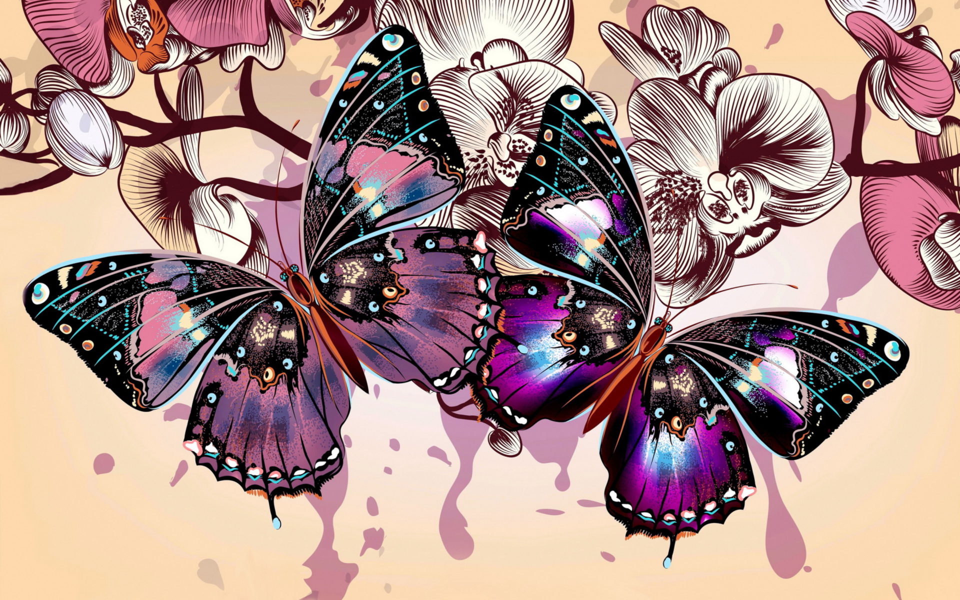 Скачать обои бесплатно Бабочка, Орхидея, Художественные картинка на рабочий стол ПК