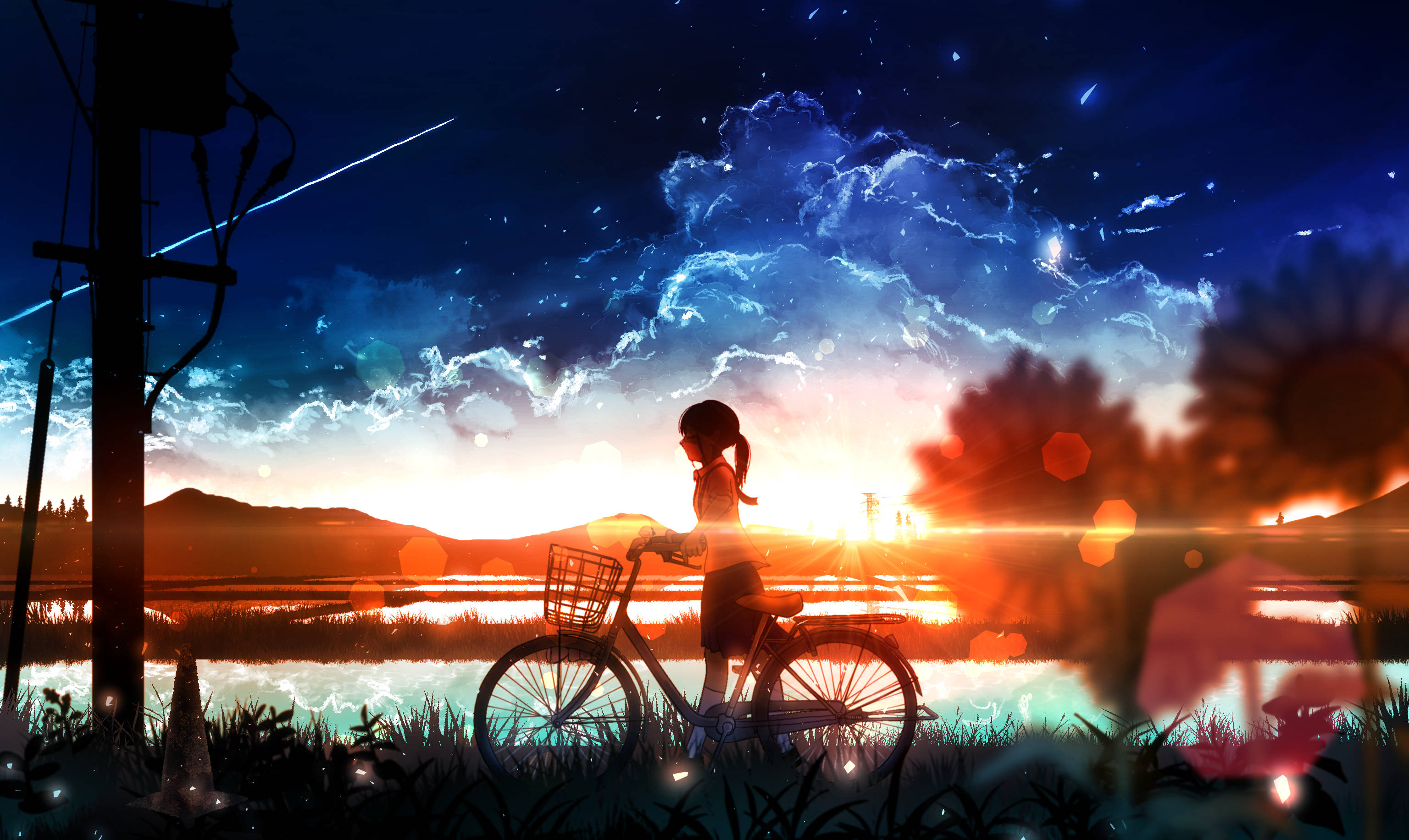 Baixar papel de parede para celular de Anime, Pôr Do Sol, Bicicleta, Aurora gratuito.