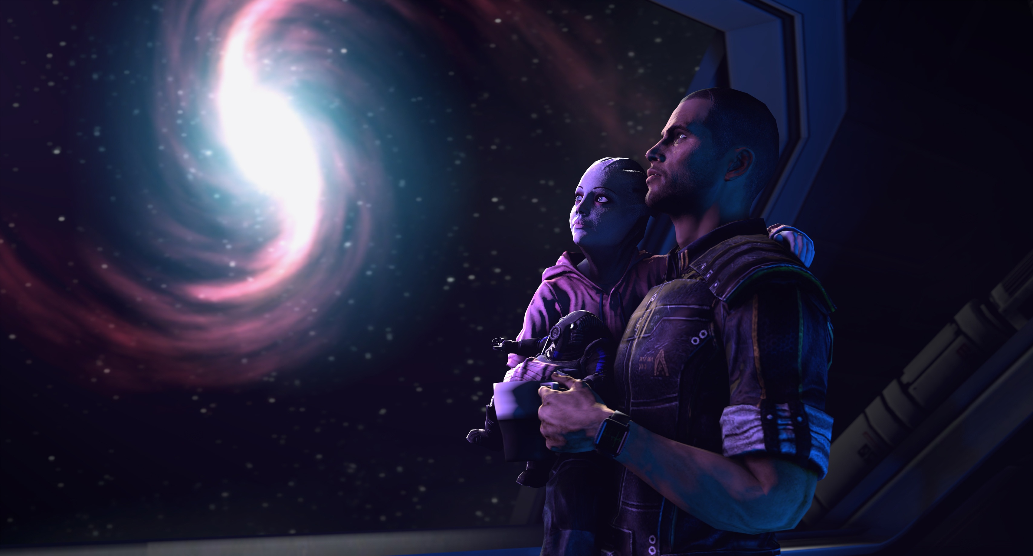 Handy-Wallpaper Mass Effect, Kind, Computerspiele, Galaxie, Kommandant Shepard, Asari (Mass Effect) kostenlos herunterladen.