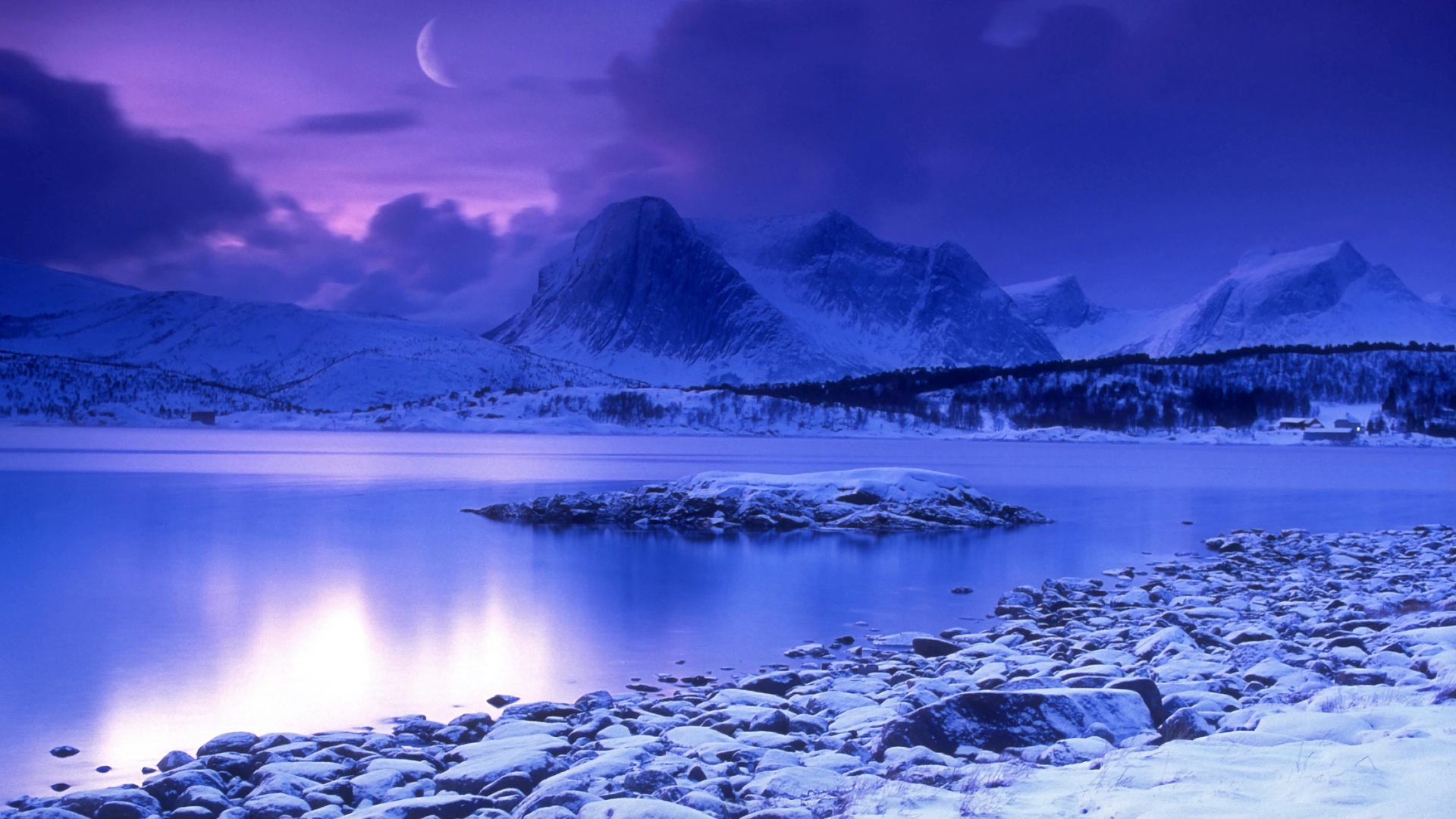 earth, winter, blue, cloud, forest, lake, landscape, moon, mountain, norway, sky, snow, sunset
