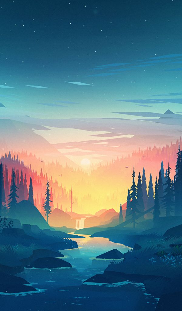 Download mobile wallpaper Landscape, Nature, Sunset, Forest, Artistic, River for free.