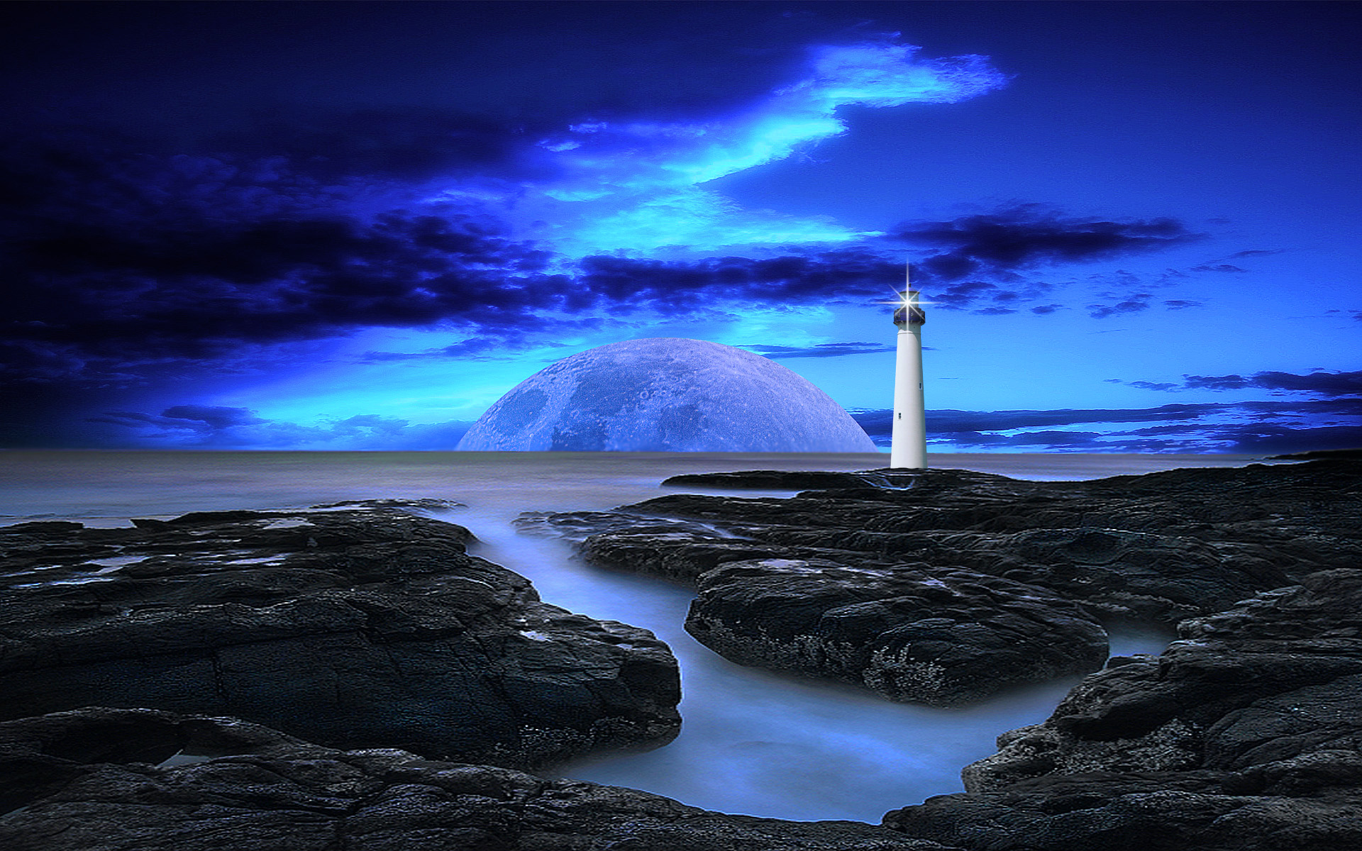 Download mobile wallpaper Sky, Ocean, Planet, Lighthouse, Artistic for free.