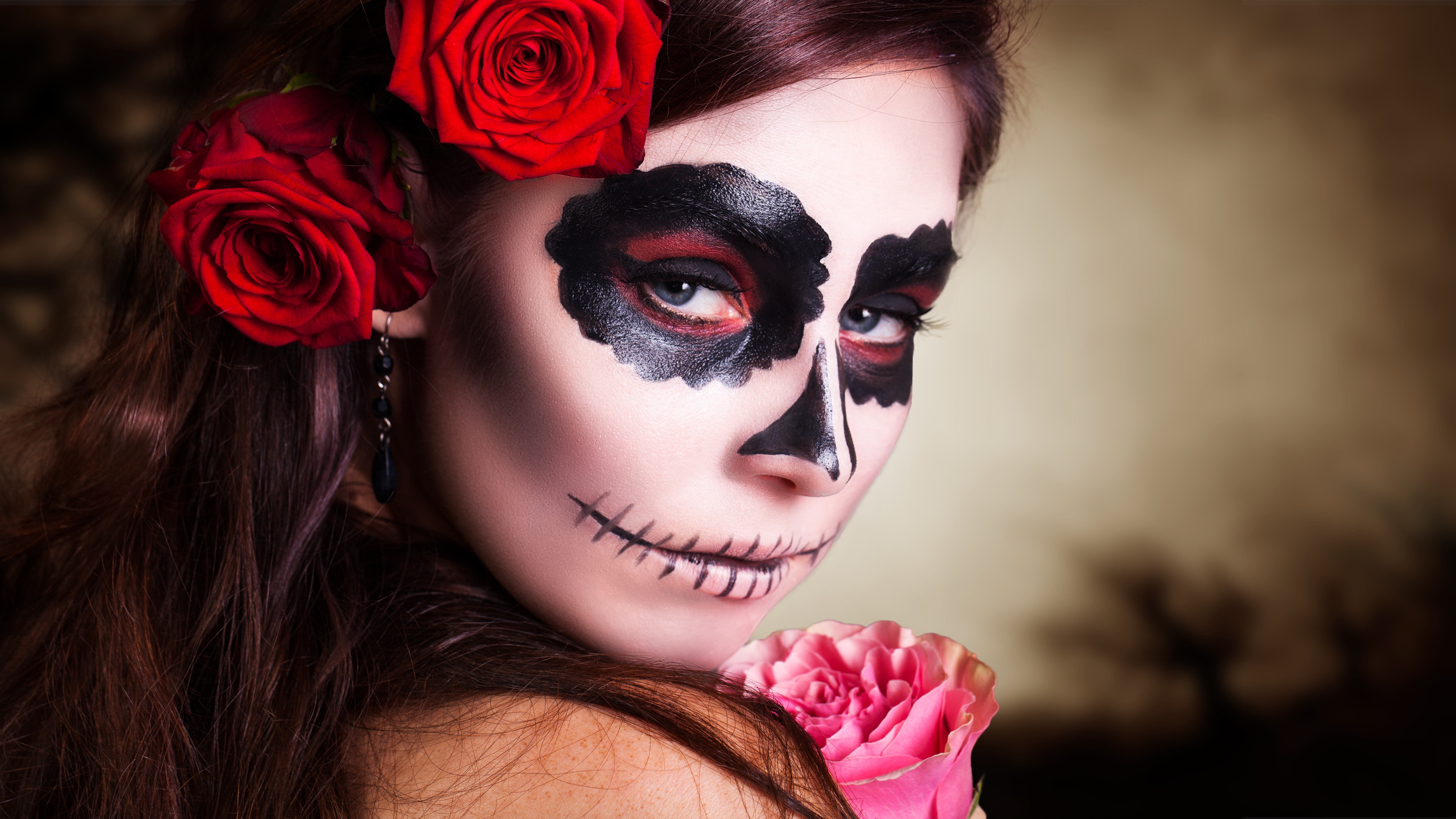 artistic, sugar skull, blue eyes, brunette, day of the dead, face, flower, makeup, red rose, rose