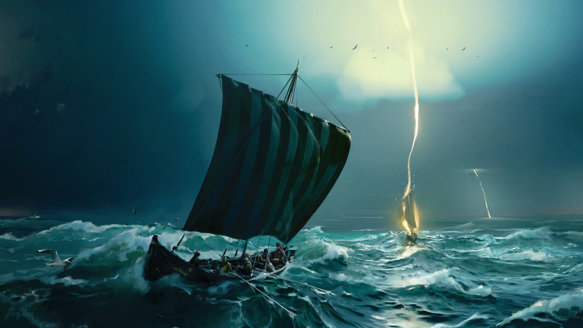 Download mobile wallpaper Water, Fantasy, Lightning, Ocean, Boat, Storm, Viking for free.