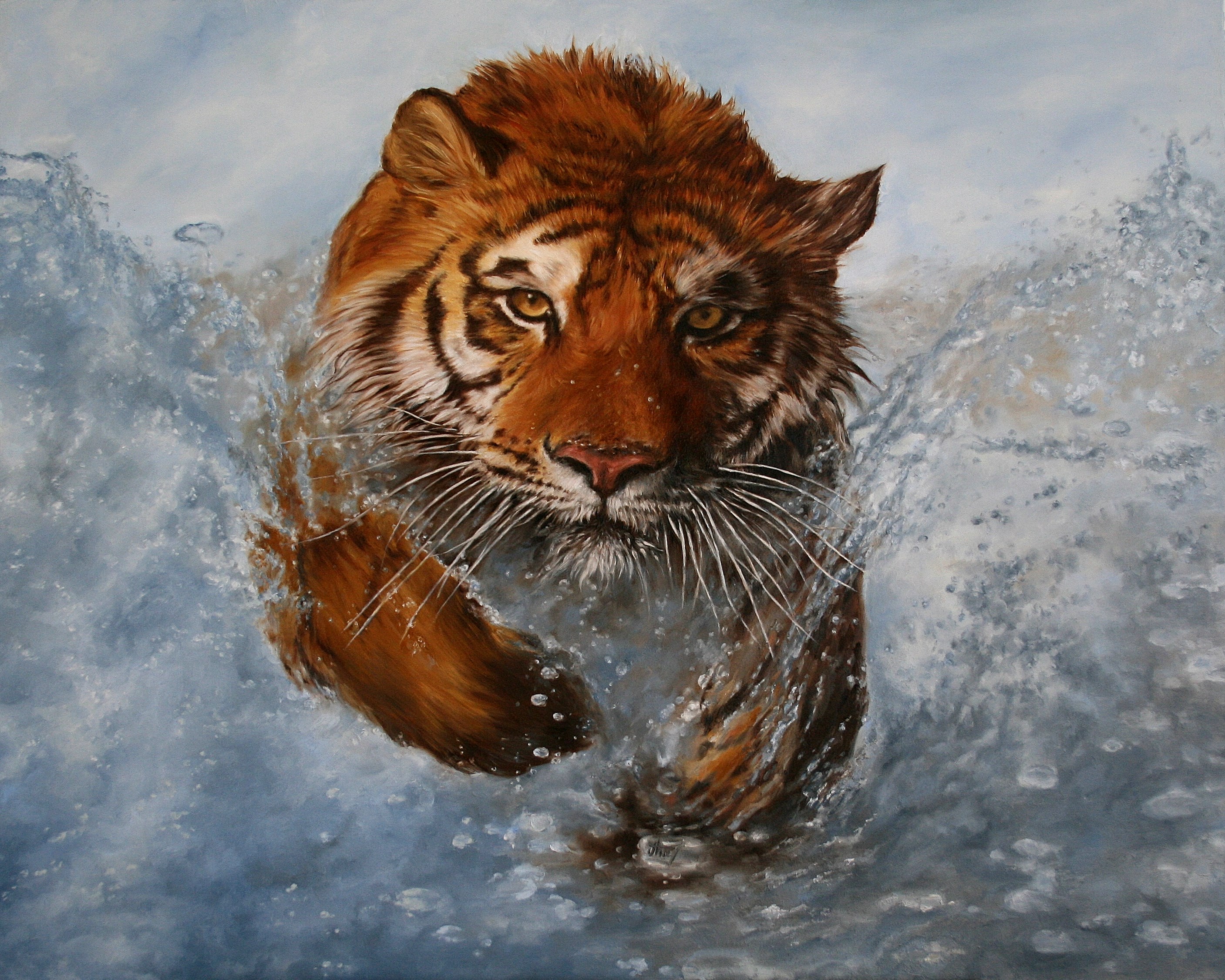 artistic, painting, running, tiger, water