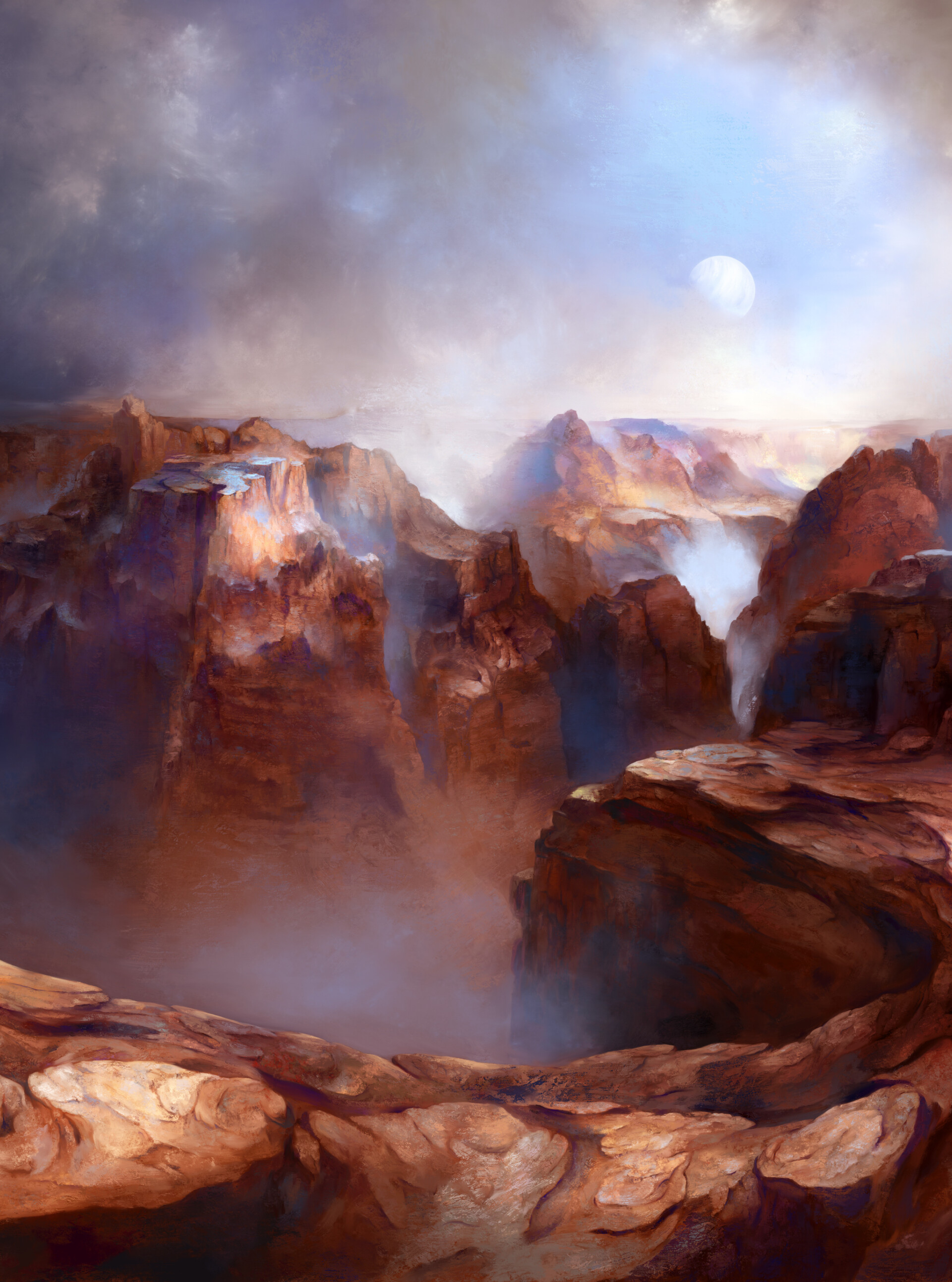 Free download wallpaper Rocks, Fog, Canyon, Moon, Art on your PC desktop