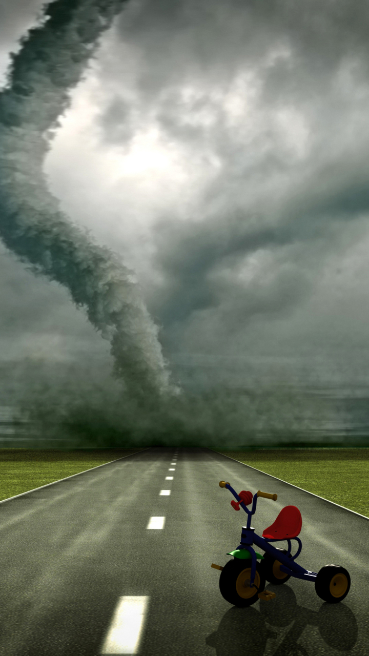 Download mobile wallpaper Road, Ball, Artistic, Cloud, Tornado, Tricycle for free.