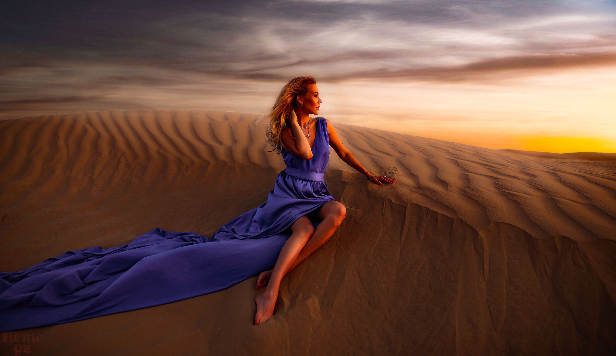 Download mobile wallpaper Sunset, Sky, Desert, Blonde, Model, Women, Purple Dress for free.