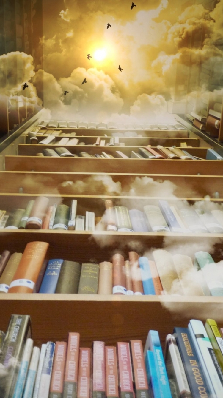 Download mobile wallpaper Fantasy, Book, Cloud, Library, Mystical, Magical, Man Made for free.