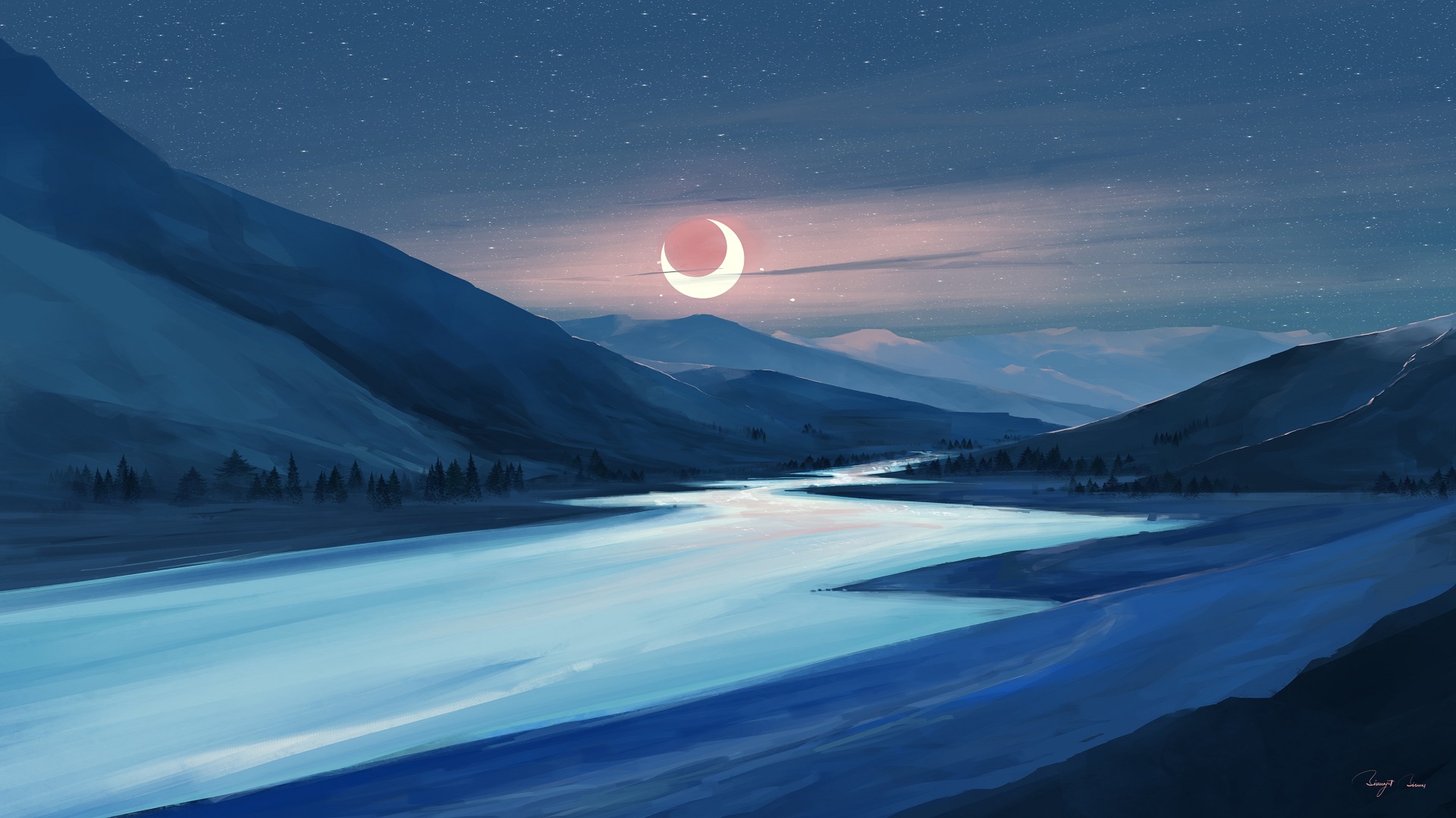 fantasy, landscape, eclipse, moon, mountain, nature, night, river, sky
