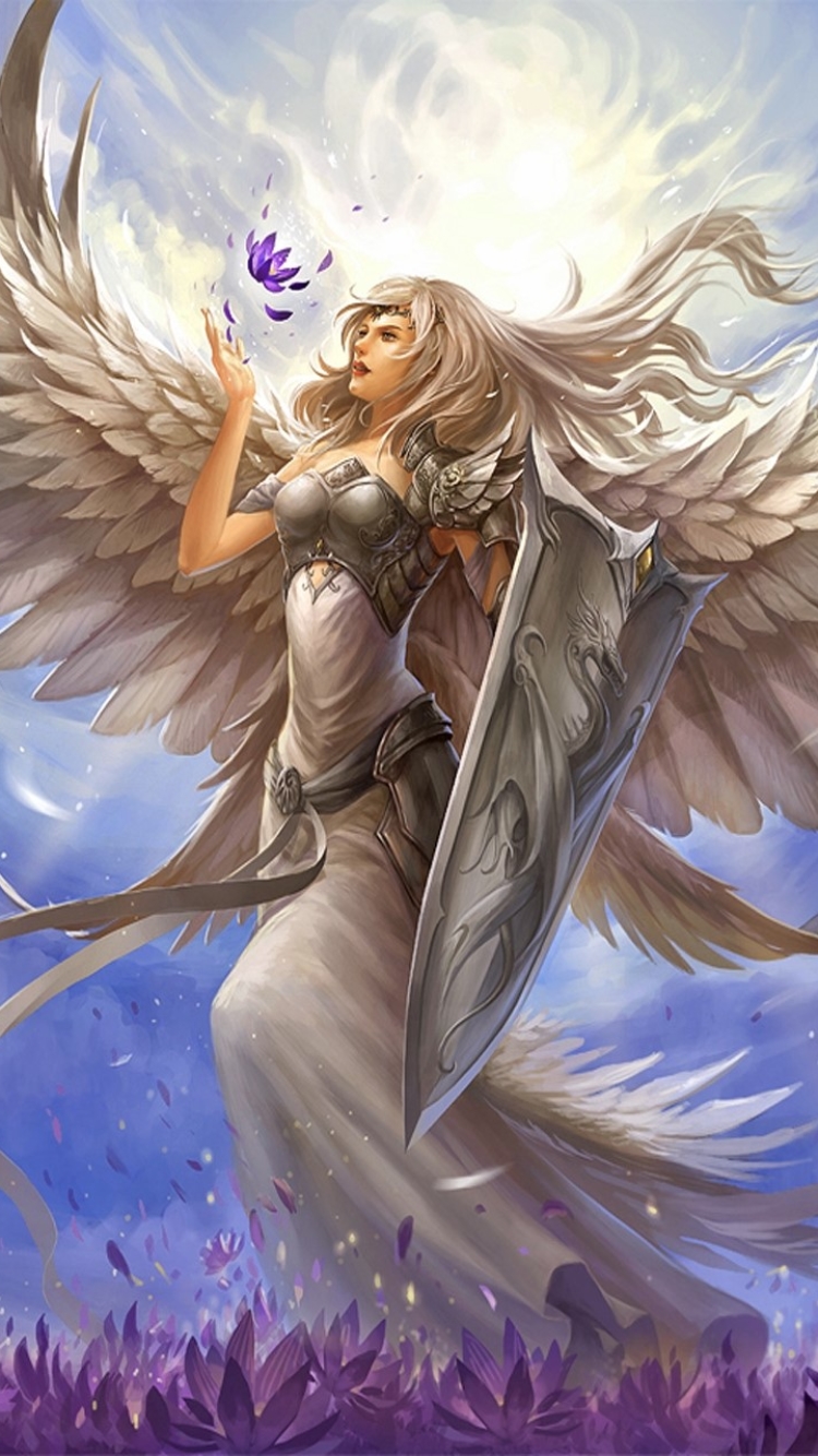 Download mobile wallpaper Fantasy, Flower, Shield, Wings, Angel, Purple Flower, Long Hair, White Hair, Angel Warrior for free.