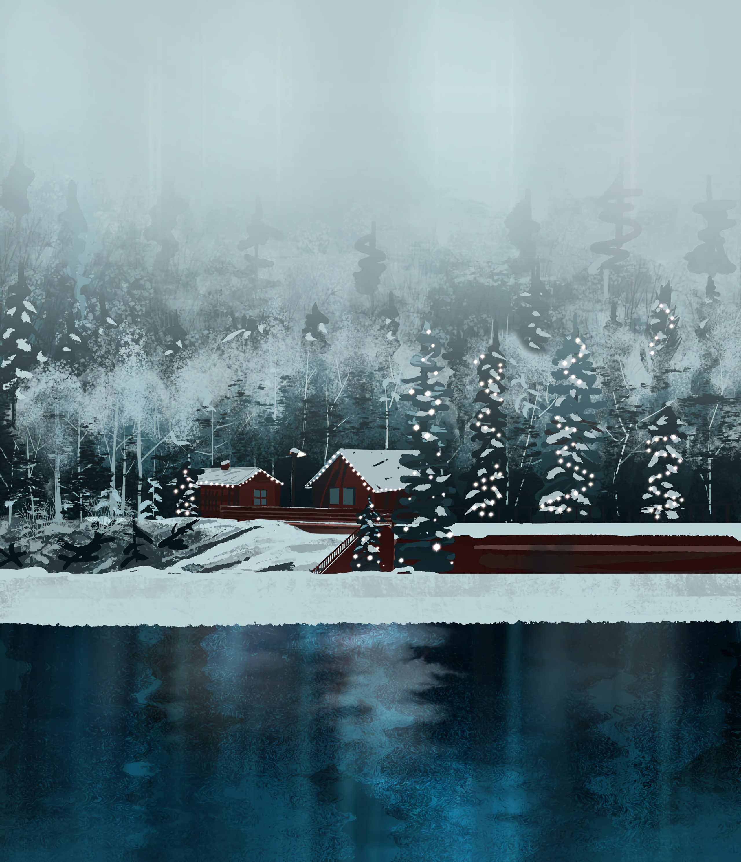 snow, forest, winter, art, lake, house 4K Ultra
