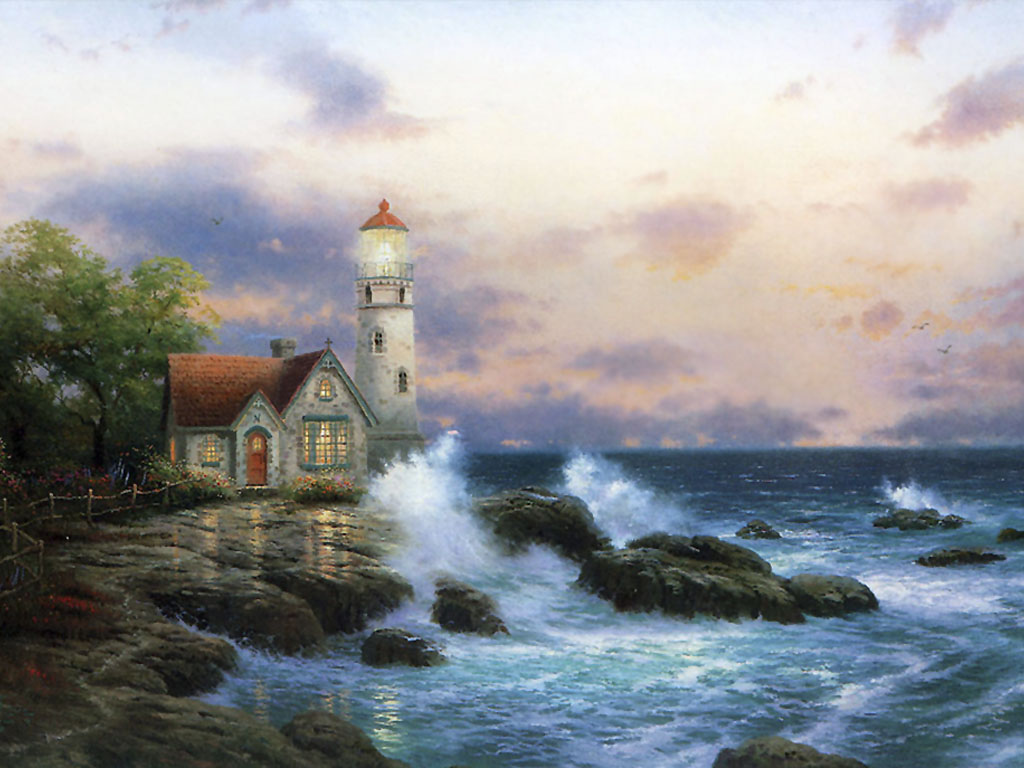 painting, artistic, lighthouse, ocean, wave