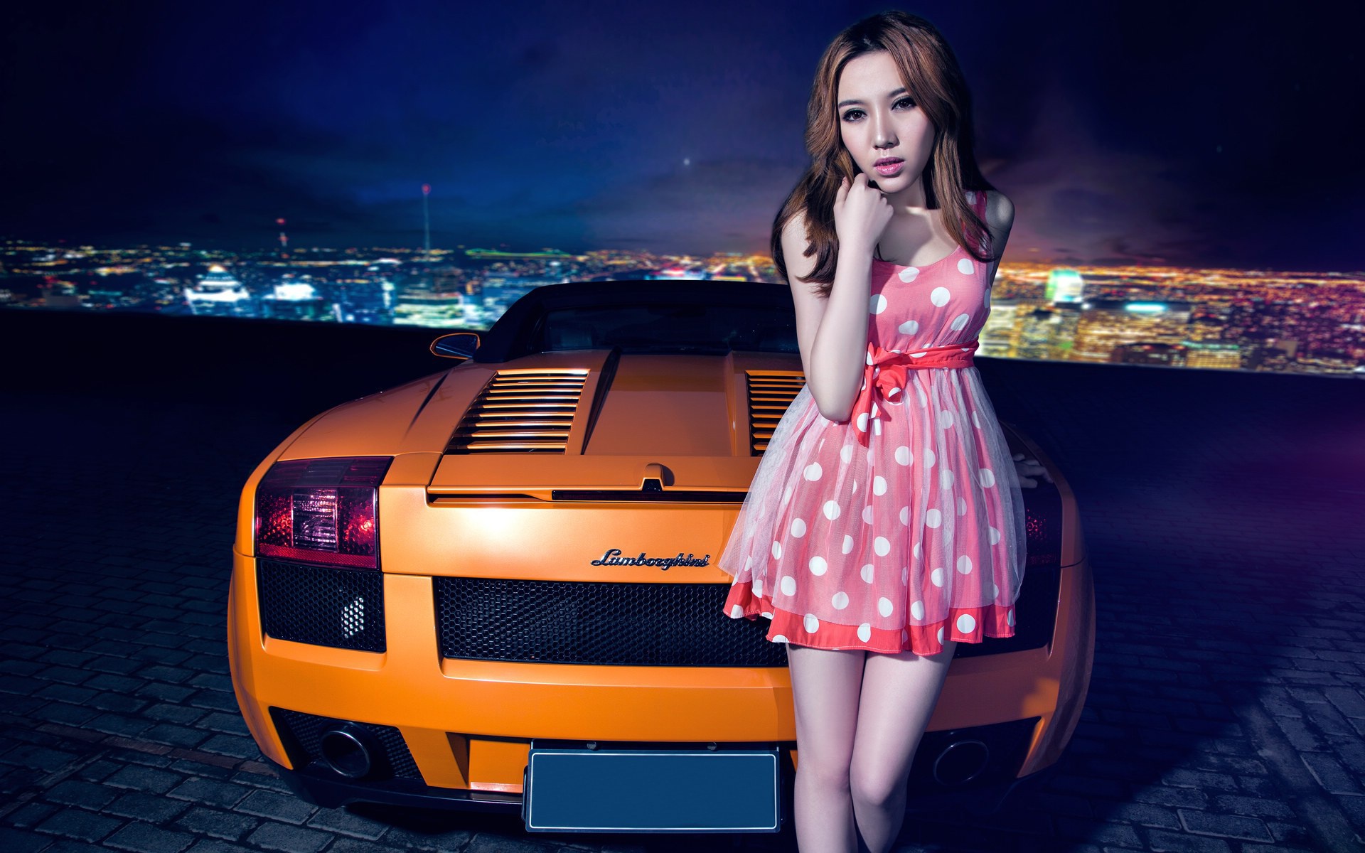 Free download wallpaper Night, Lamborghini, Car, Dress, Brunette, Model, Women, Asian on your PC desktop