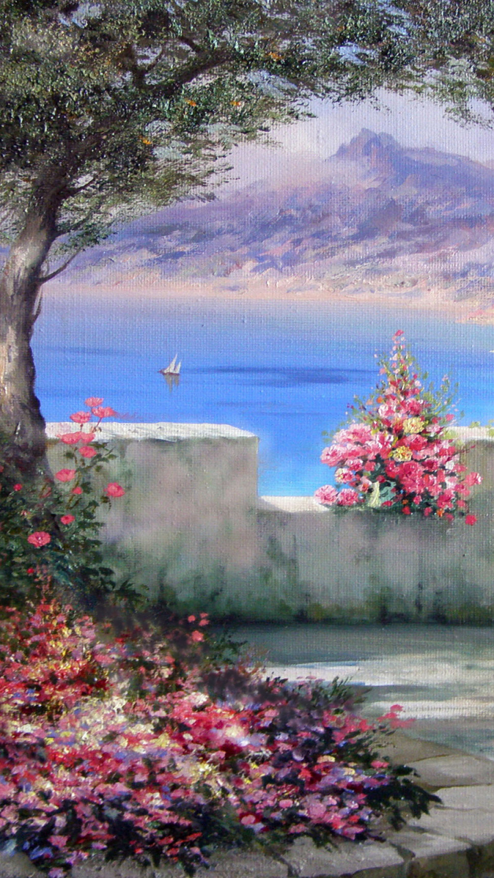 artistic, painting, courtyard, colorful, ocean
