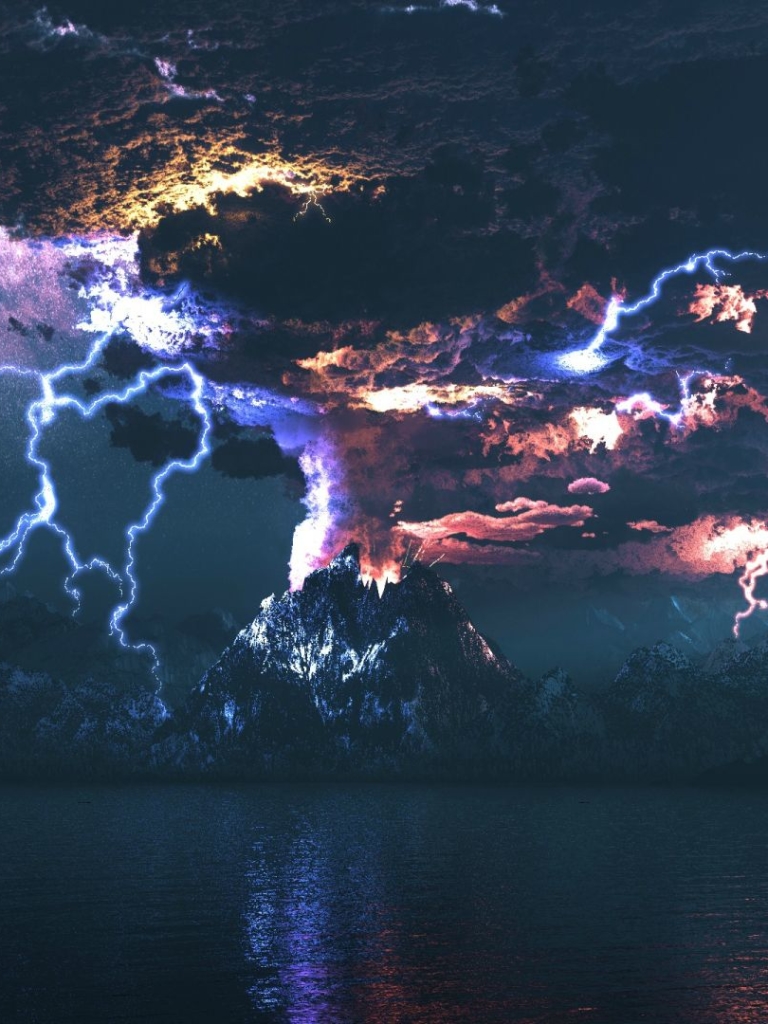 Download mobile wallpaper Landscape, Fantasy, Lightning, Volcano for free.