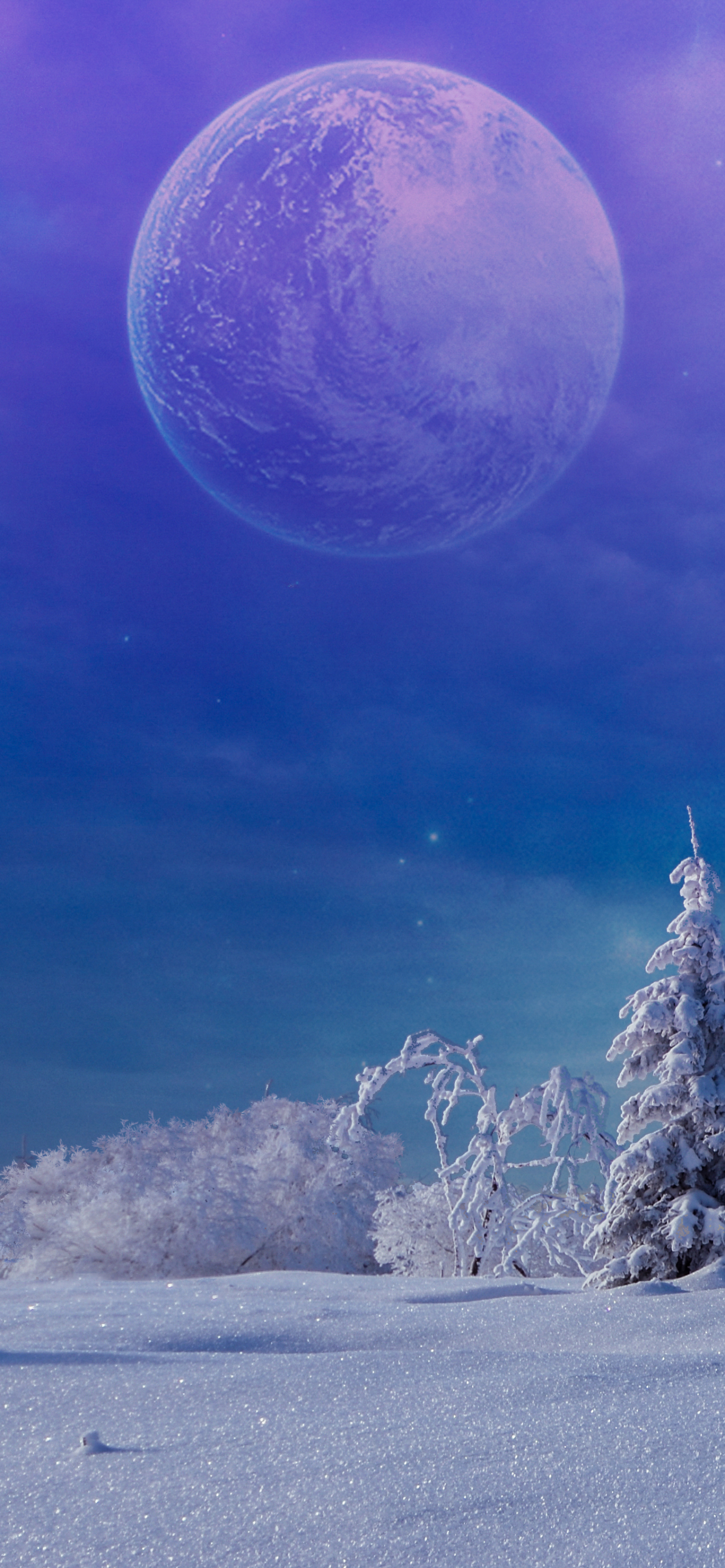 Скачати мобільні шпалери Зима, Місяць, Сніг, Планета, Фантазія безкоштовно.