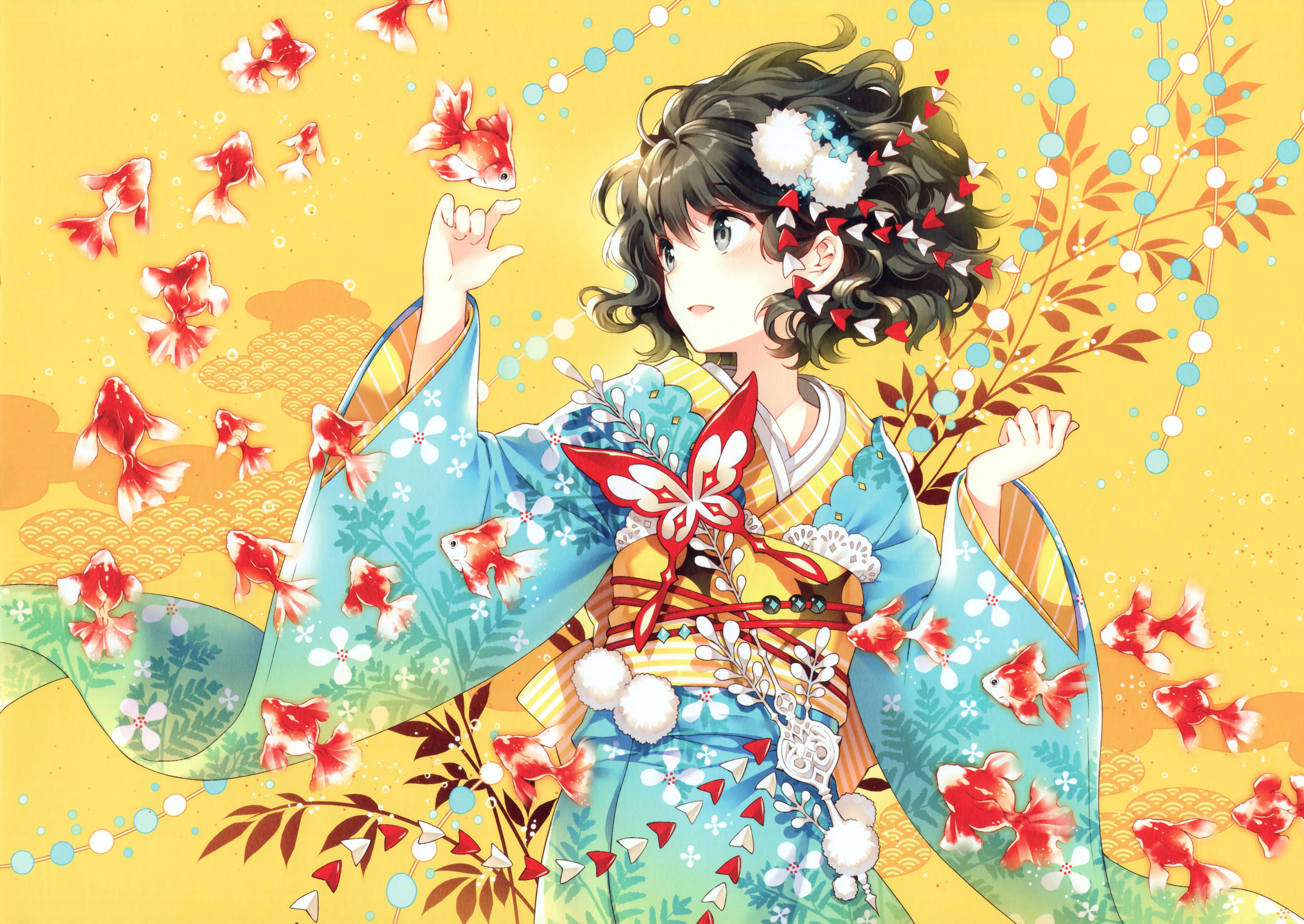 1526551 Hintergrundbild herunterladen animes, original, schwarzes haar, erröten, schmetterlinge, goldfische, kimono, koi, kurzes haar, yukata - Bildschirmschoner und Bilder kostenlos