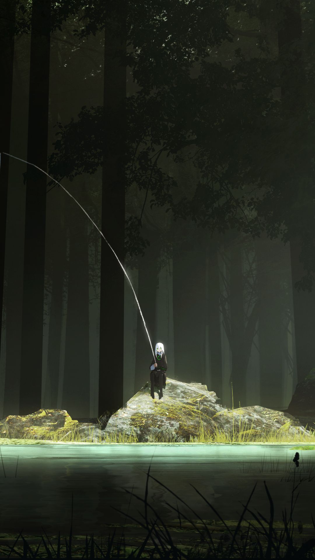 anime, forest, long hair, fishing rod