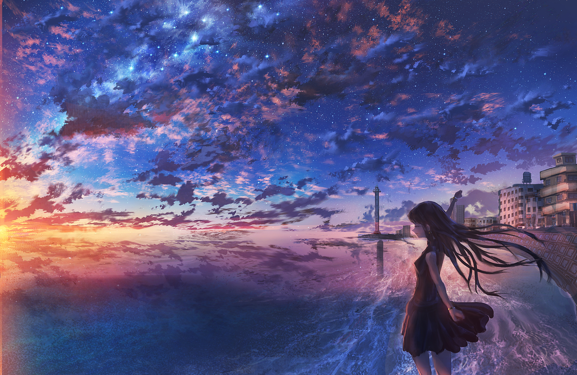 Download mobile wallpaper Anime, Sunset, City, Horizon, Ocean, Starry Sky, Original for free.