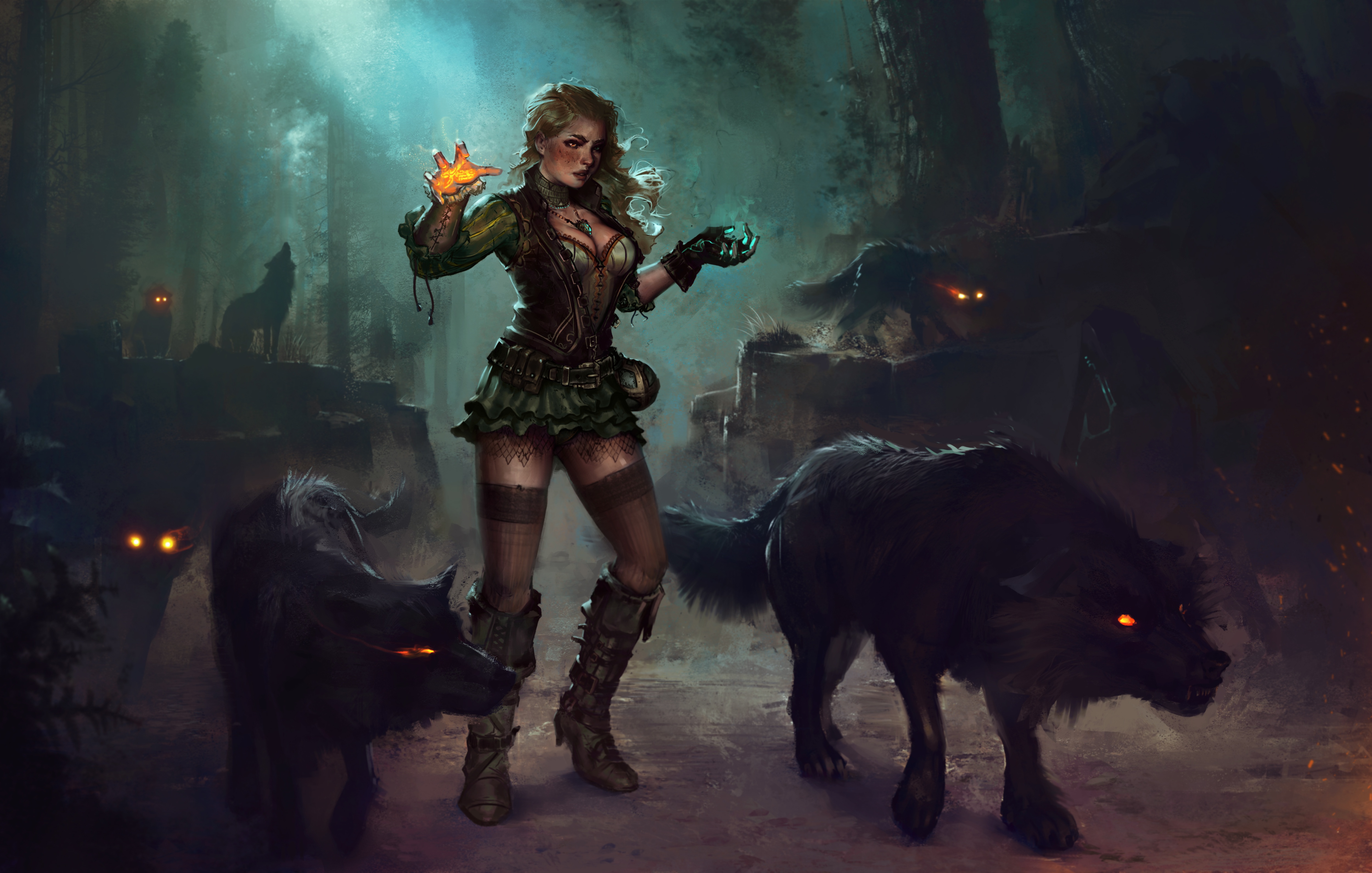 Download mobile wallpaper Magic, Fantasy, Dark, Wolf, Blonde, Witch for free.