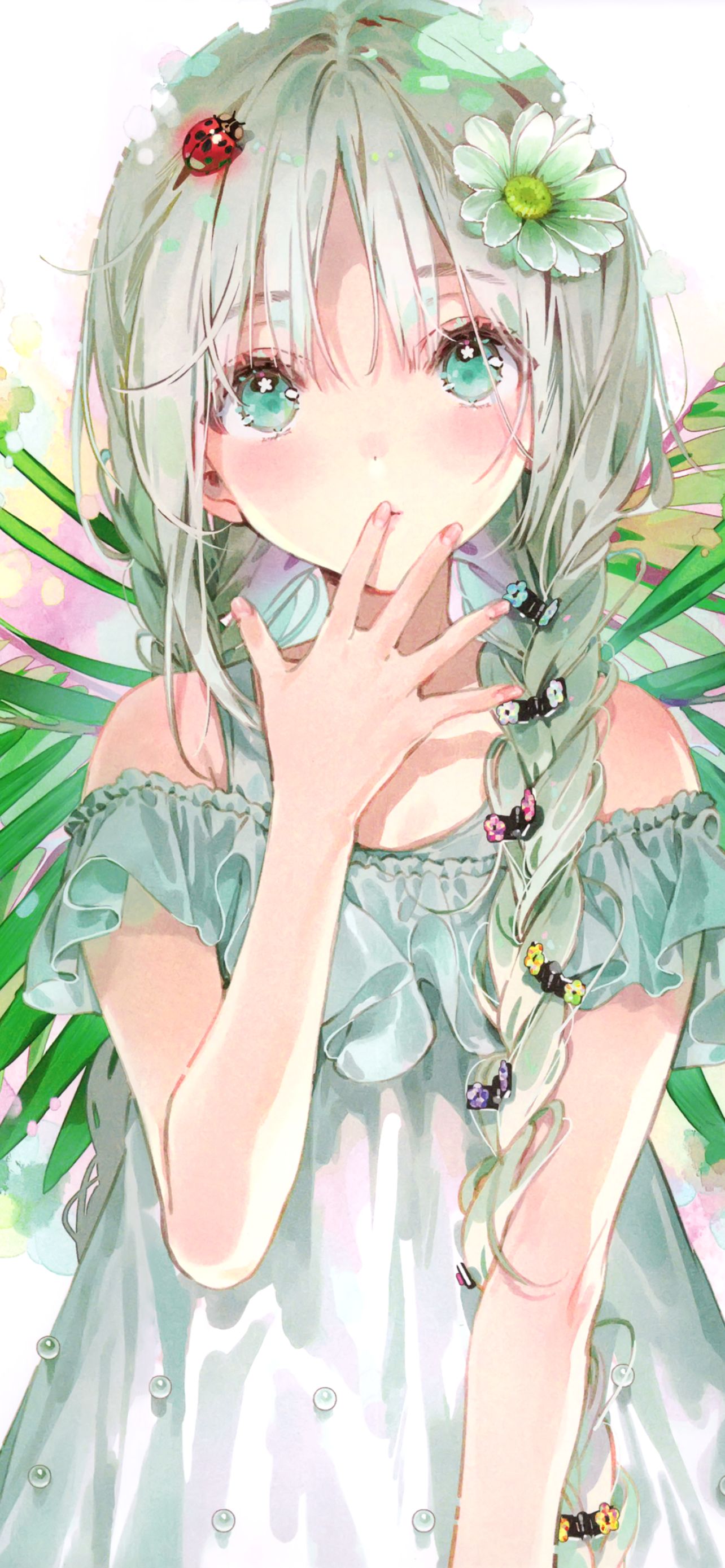 Download mobile wallpaper Anime, Girl, Dress, Braid, White Hair, Aqua Eyes for free.