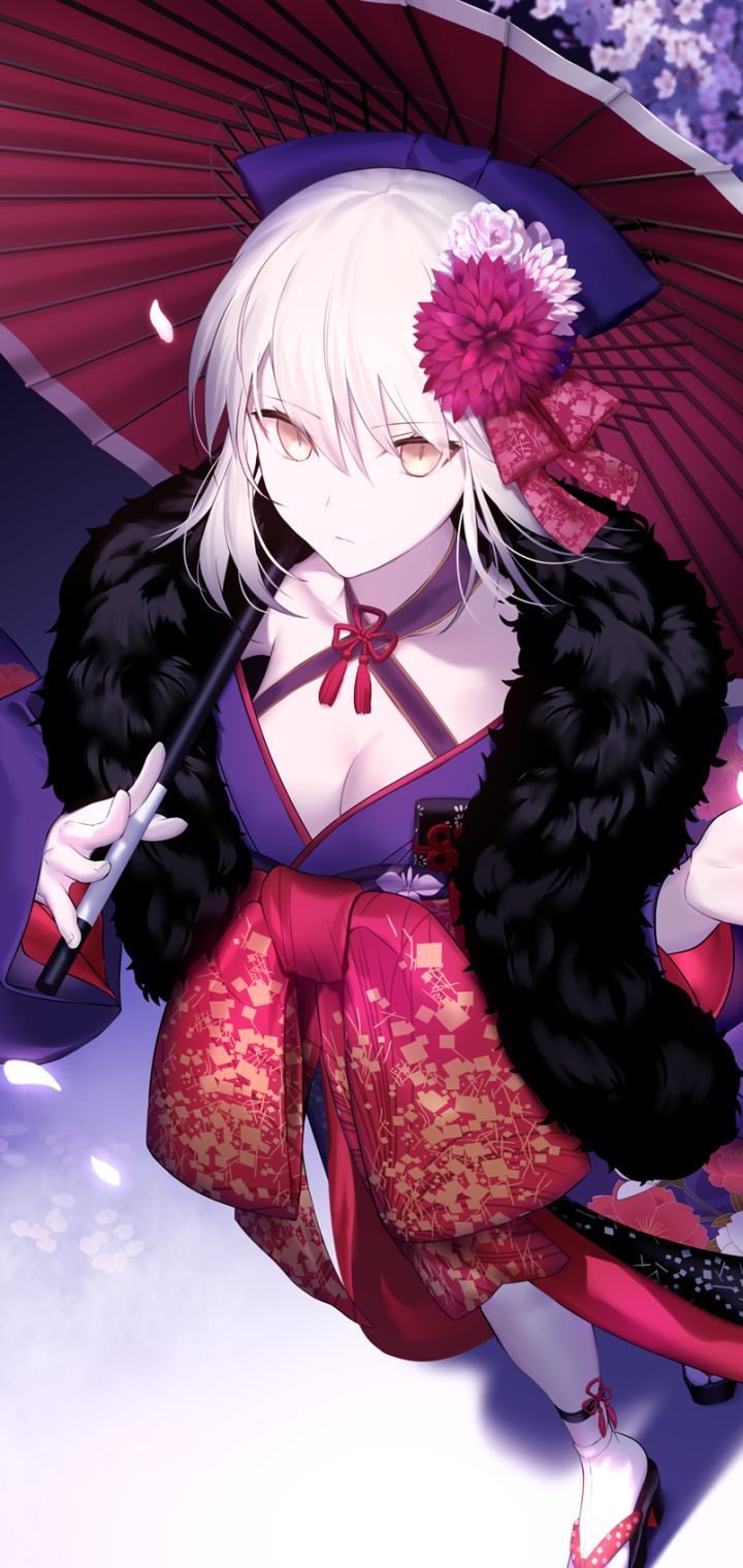 Download mobile wallpaper Anime, Umbrella, Kimono, White Hair, Saber Alter, Fate/grand Order, Fate Series for free.