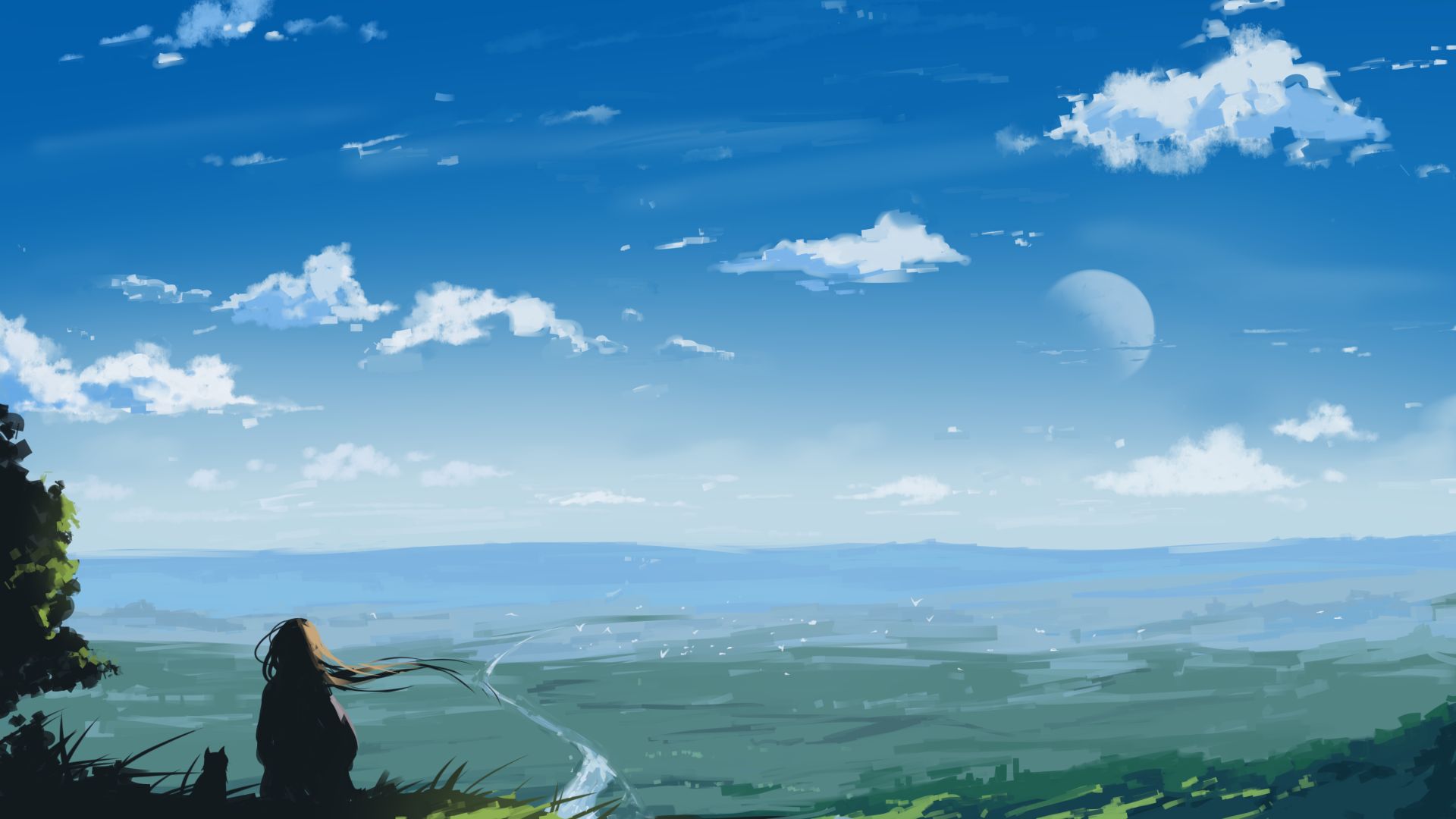 Free download wallpaper Anime, Landscape, Sky, Cat on your PC desktop