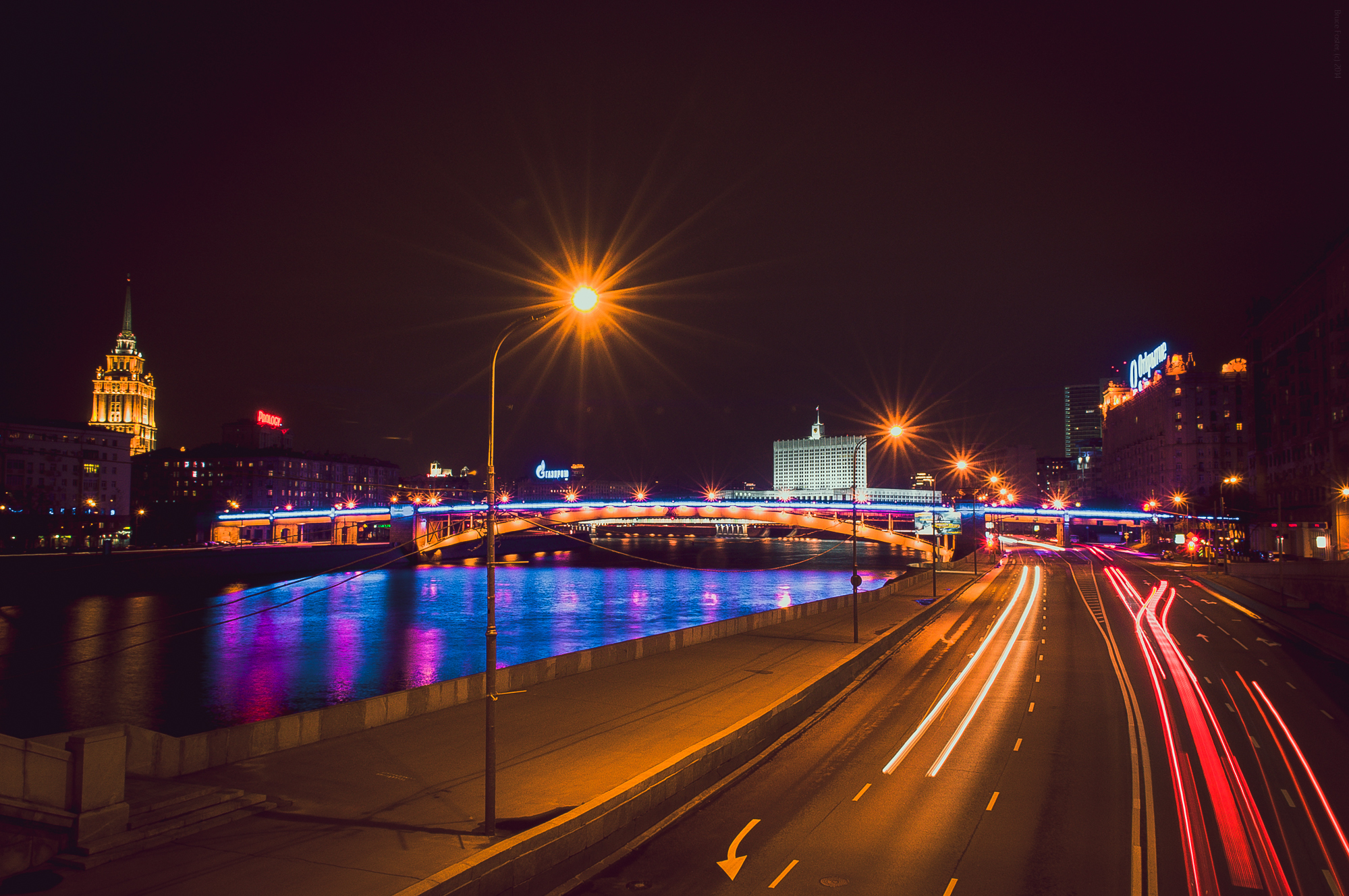 Download mobile wallpaper Cities, Night, City, Road, Russia, River, Moscow, Man Made, Time Lapse for free.