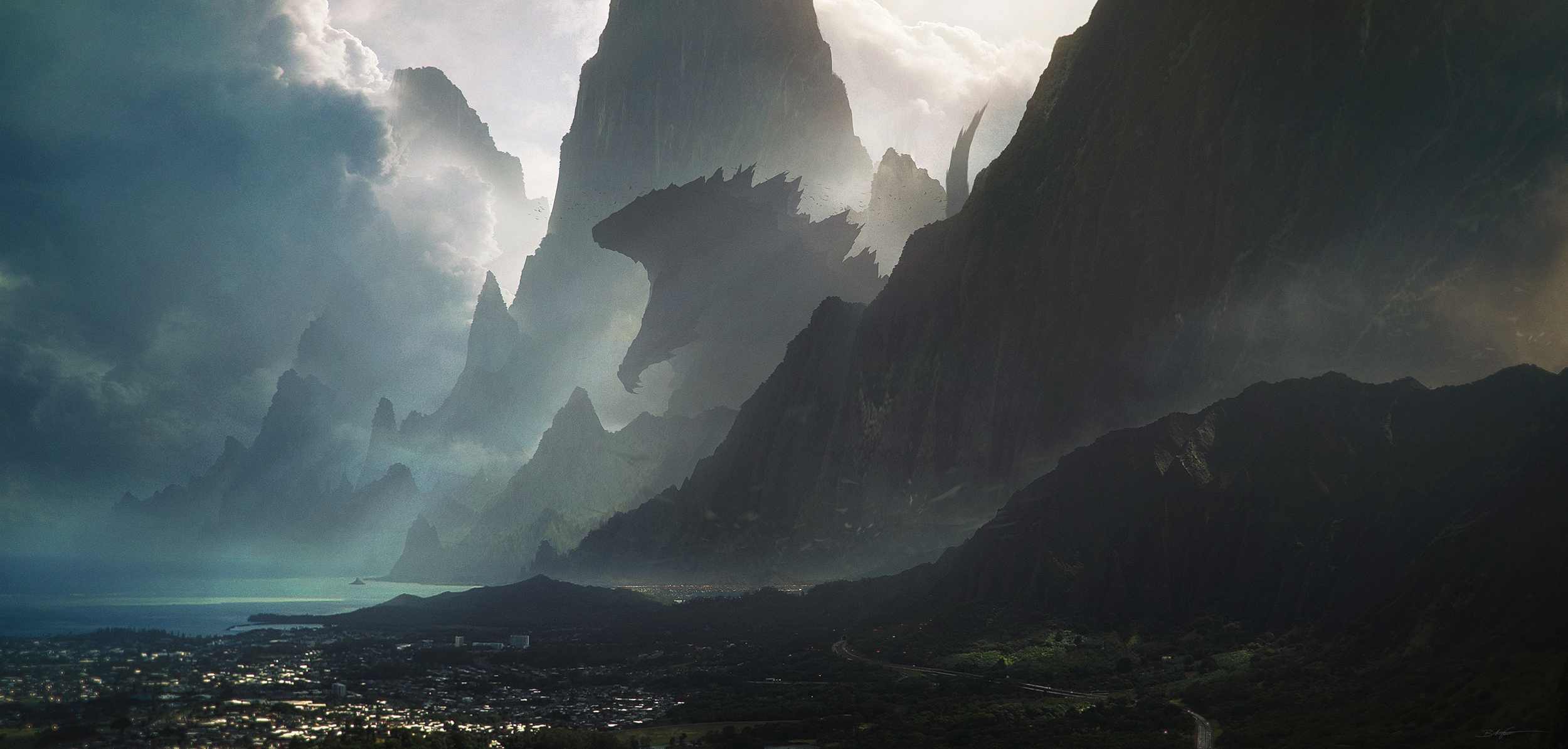 Free download wallpaper Landscape, Fantasy, Godzilla on your PC desktop