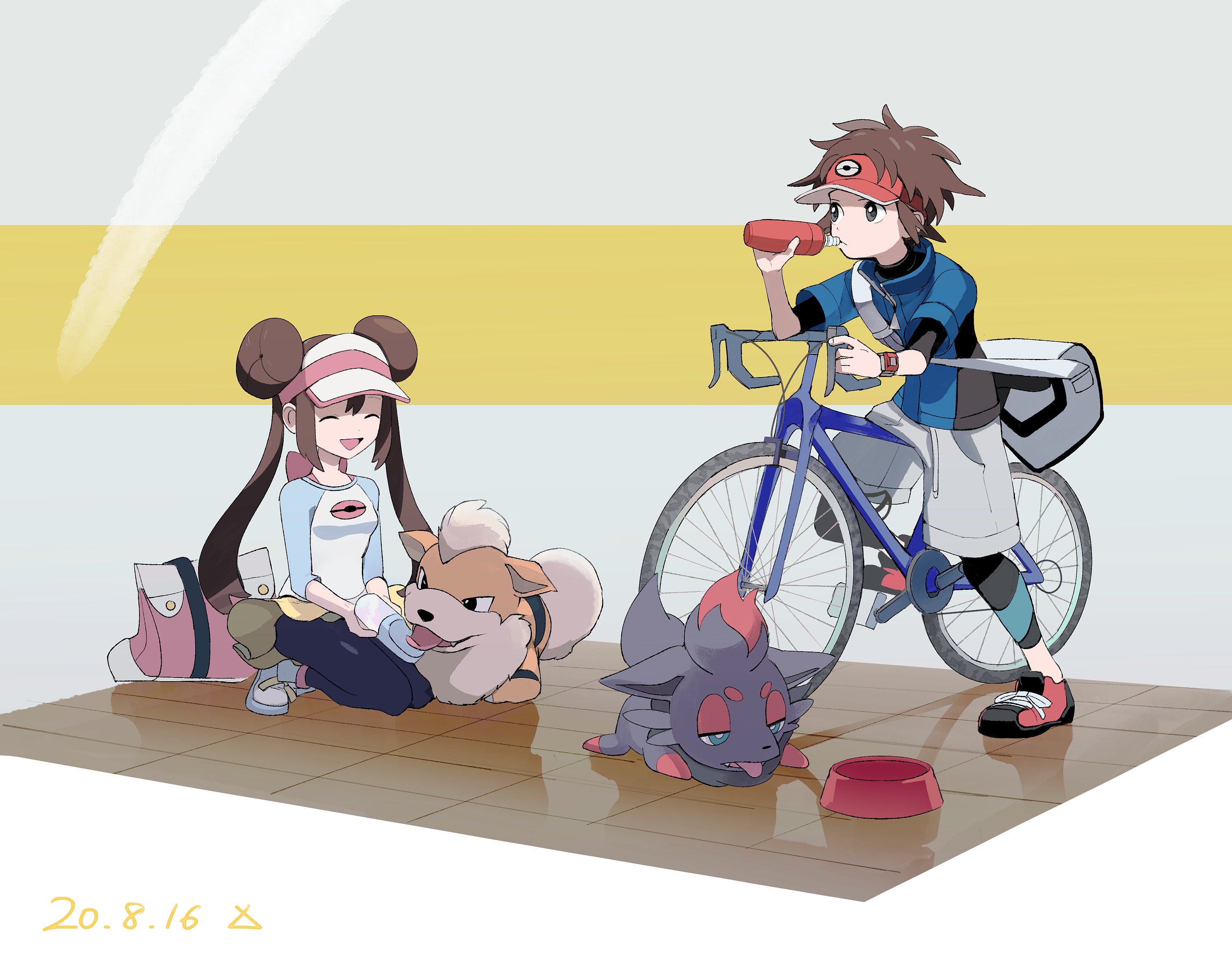 video game, pokemon: black and white 2, bike, brown hair, drinking, growlithe (pokémon), nate (pokémon), rosa (pokemon), zorua (pokémon), pokémon