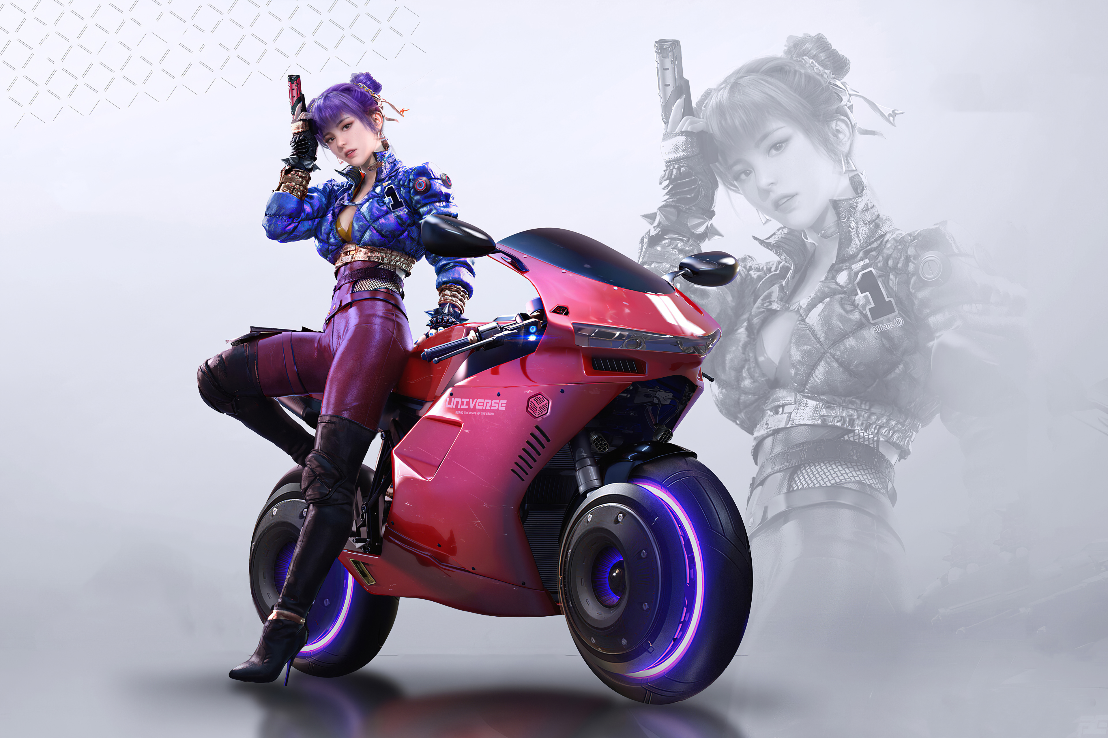 Free download wallpaper Cyberpunk, Motorcycle, Sci Fi, Vehicle, Purple Hair on your PC desktop