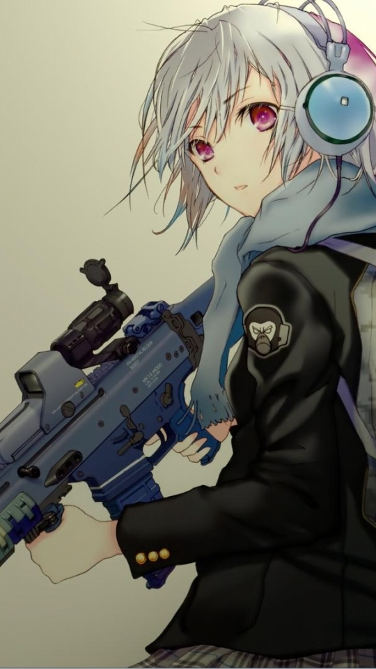 Download mobile wallpaper Anime, Headphones, Military, Gun, Short Hair, Rifle, White Hair for free.