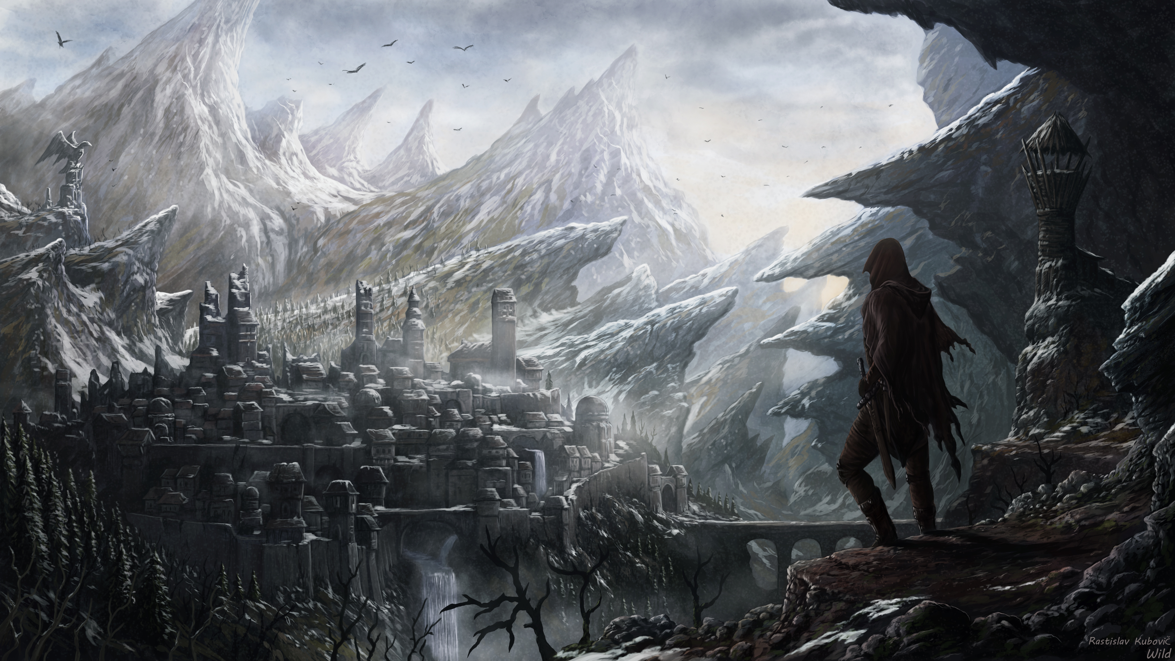 Free download wallpaper Fantasy, City, Mountain, Warrior, Adventure on your PC desktop