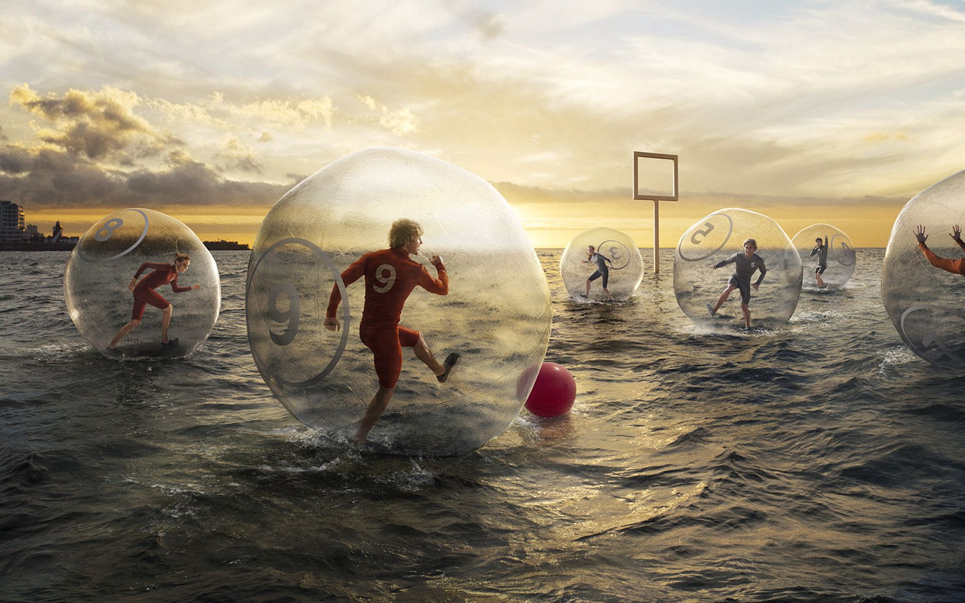 Download mobile wallpaper Sky, Water, Ball, Sports, People, Football for free.