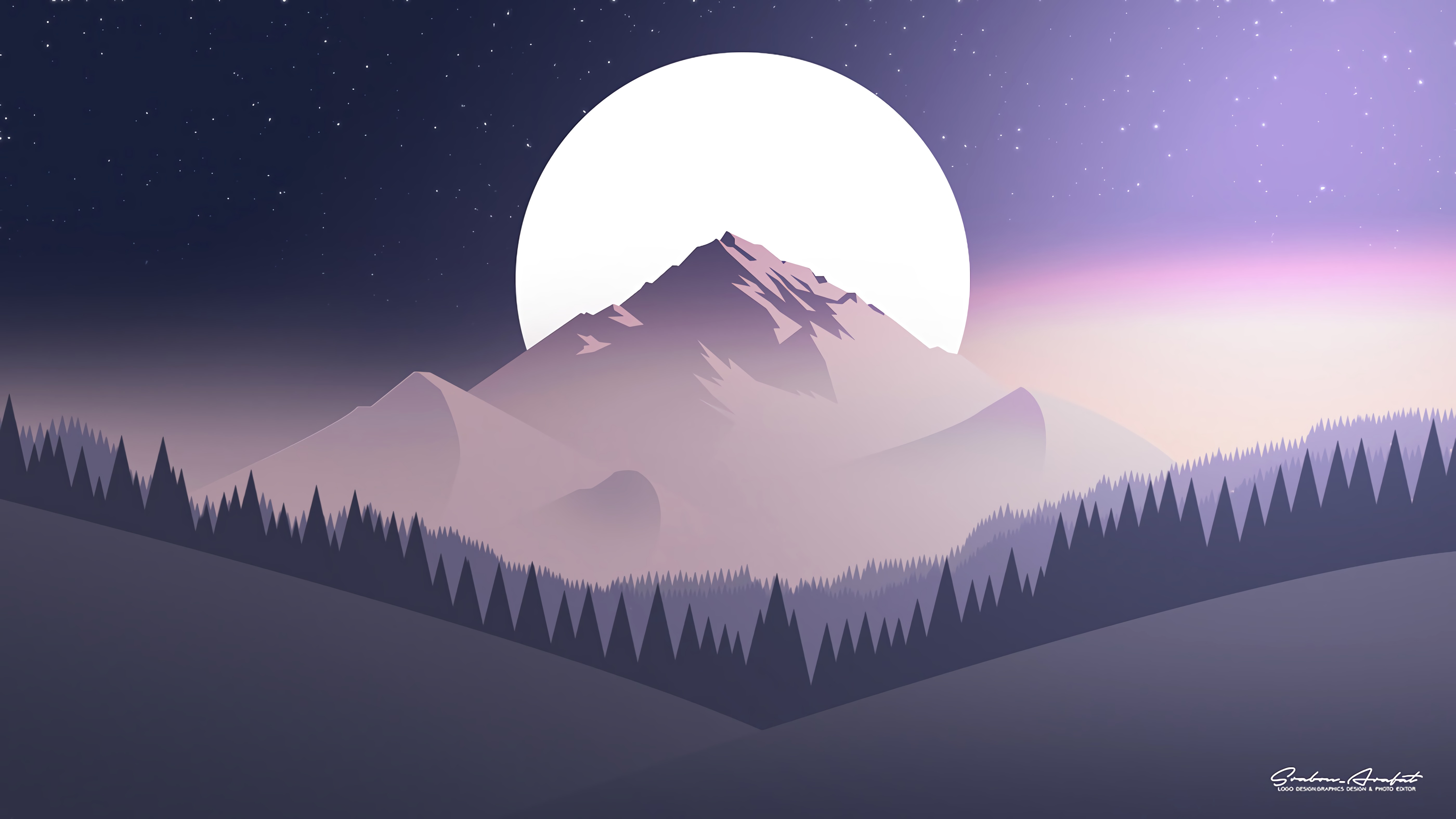 flat, moon, vector, starry sky, mountains, night, forest