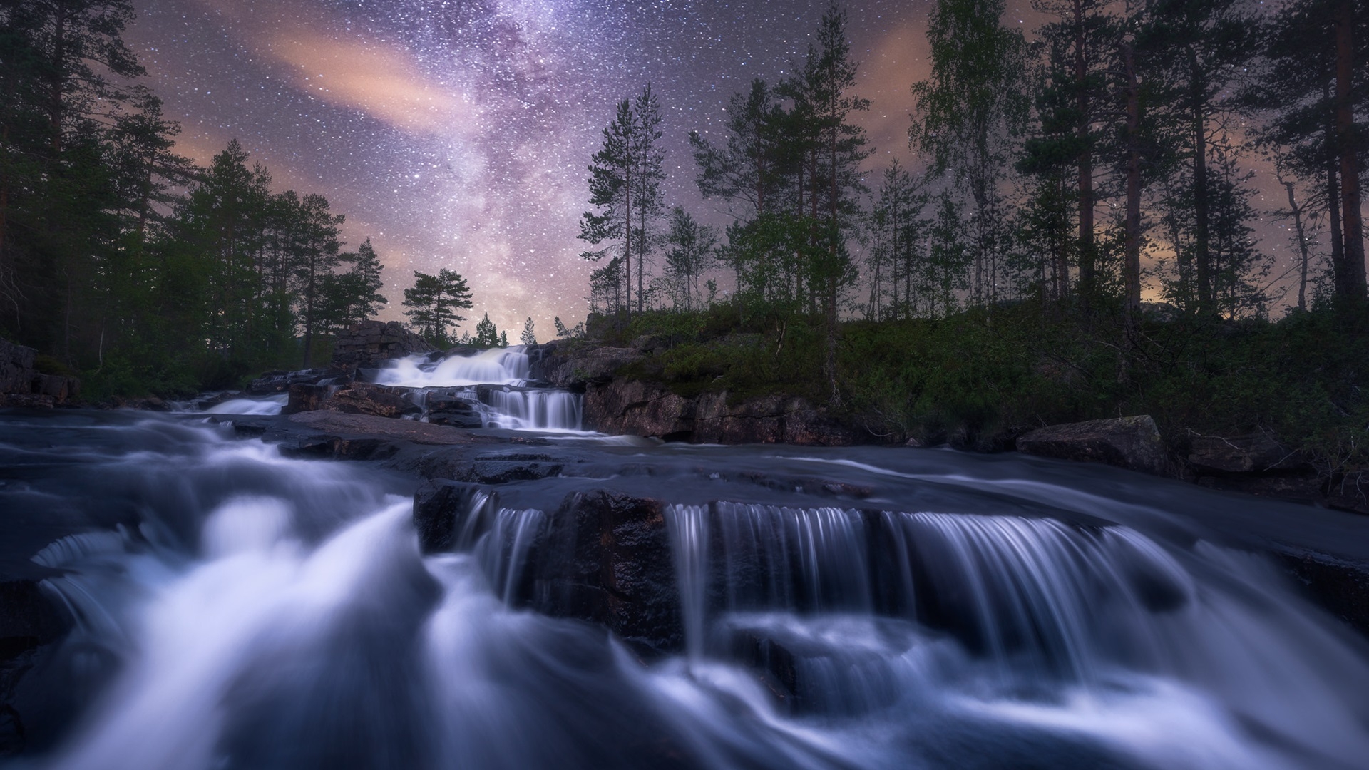 Download mobile wallpaper Night, Waterfall, Starry Sky, Earth for free.