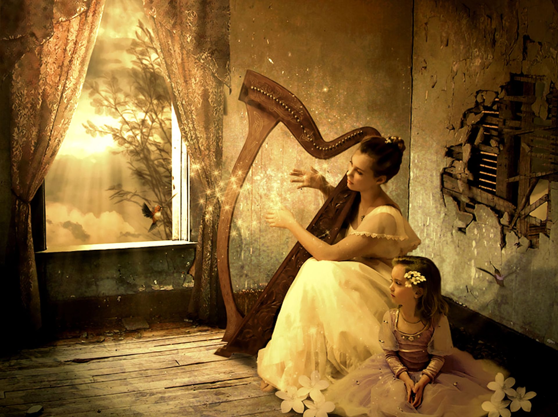 vintage, artistic, child, harp, room