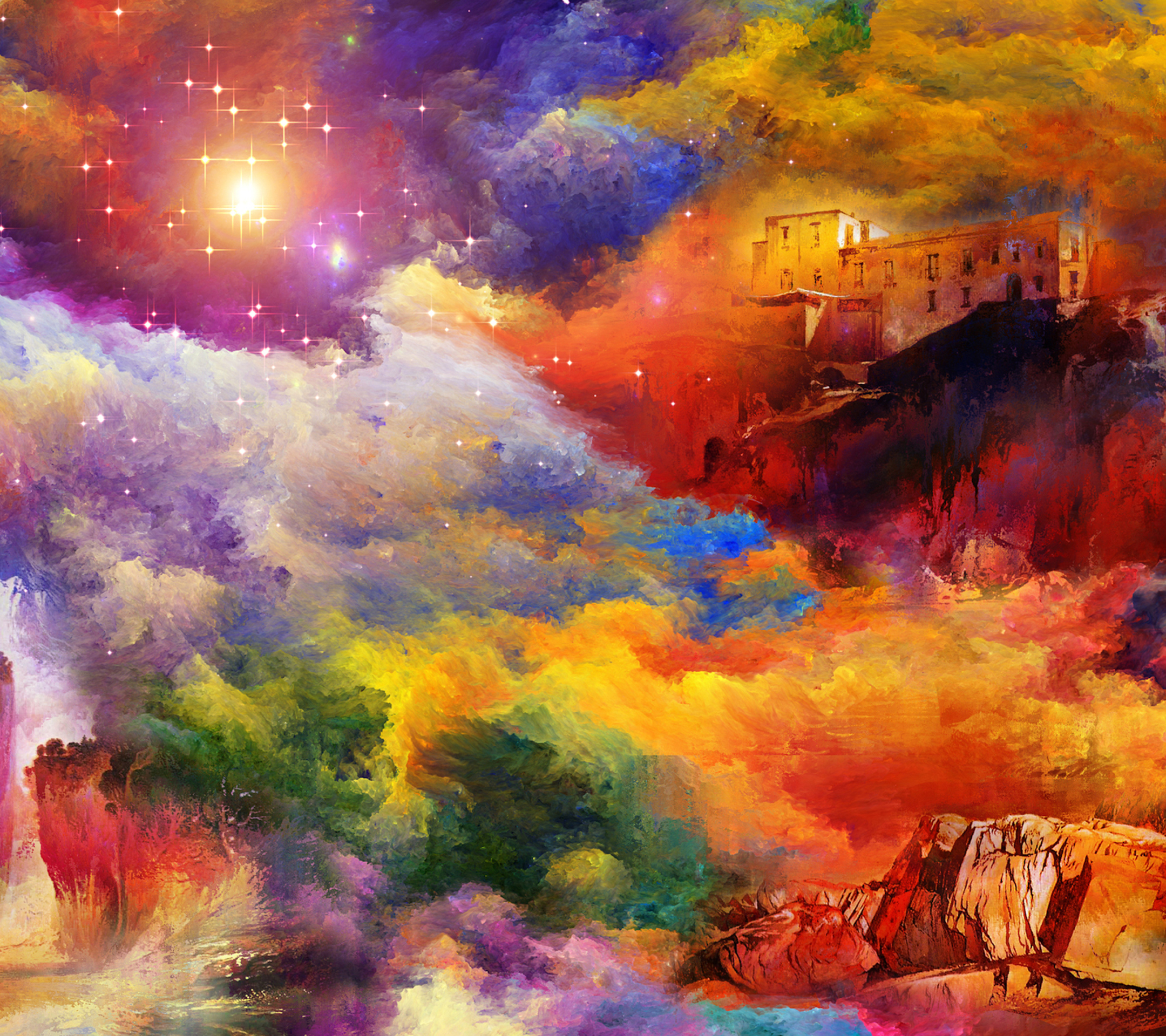 Free download wallpaper Fantasy, Smoke, Building, Colors, Artistic on your PC desktop