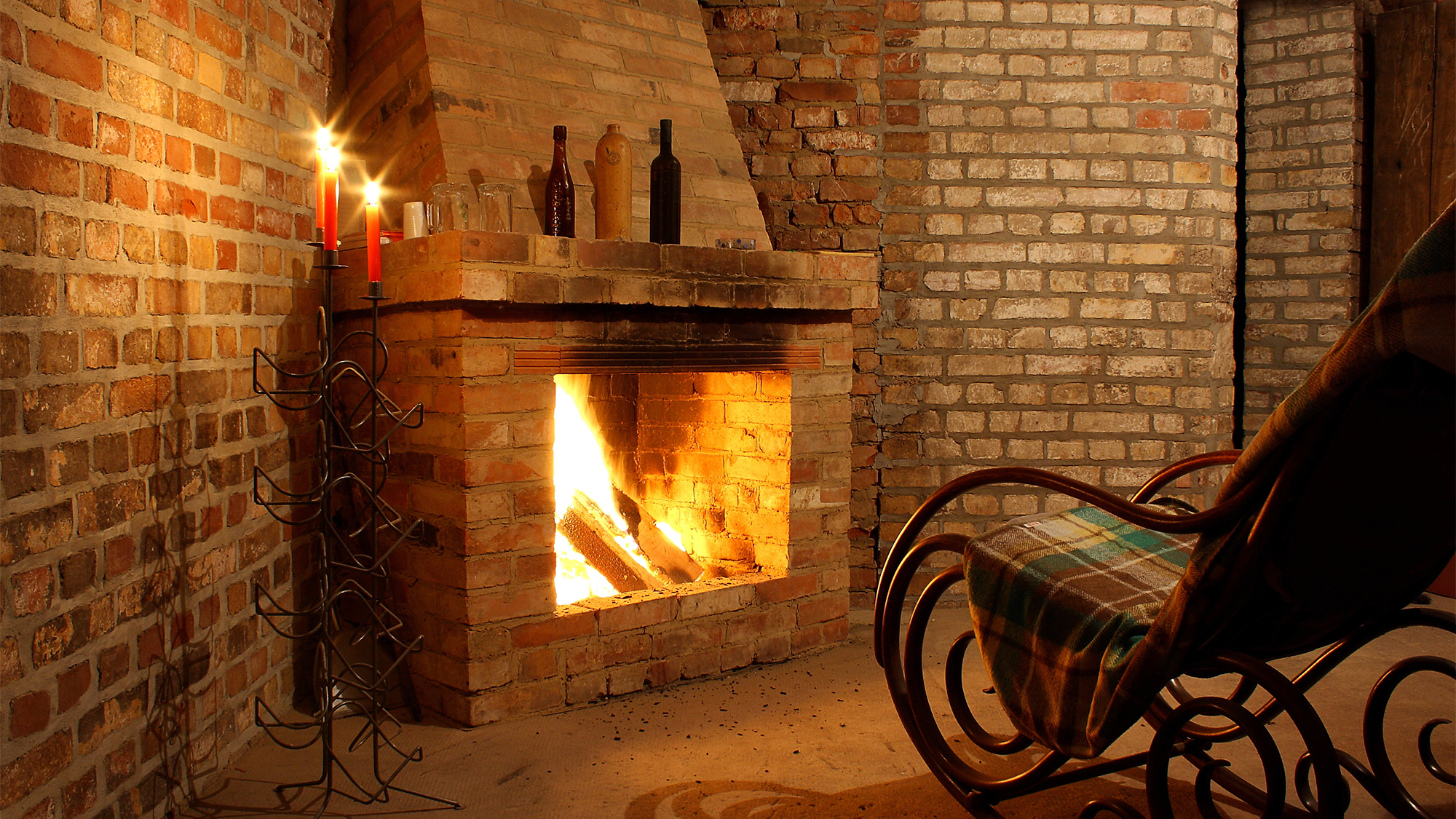 Free download wallpaper Chair, Room, Brick, Fireplace, Man Made on your PC desktop