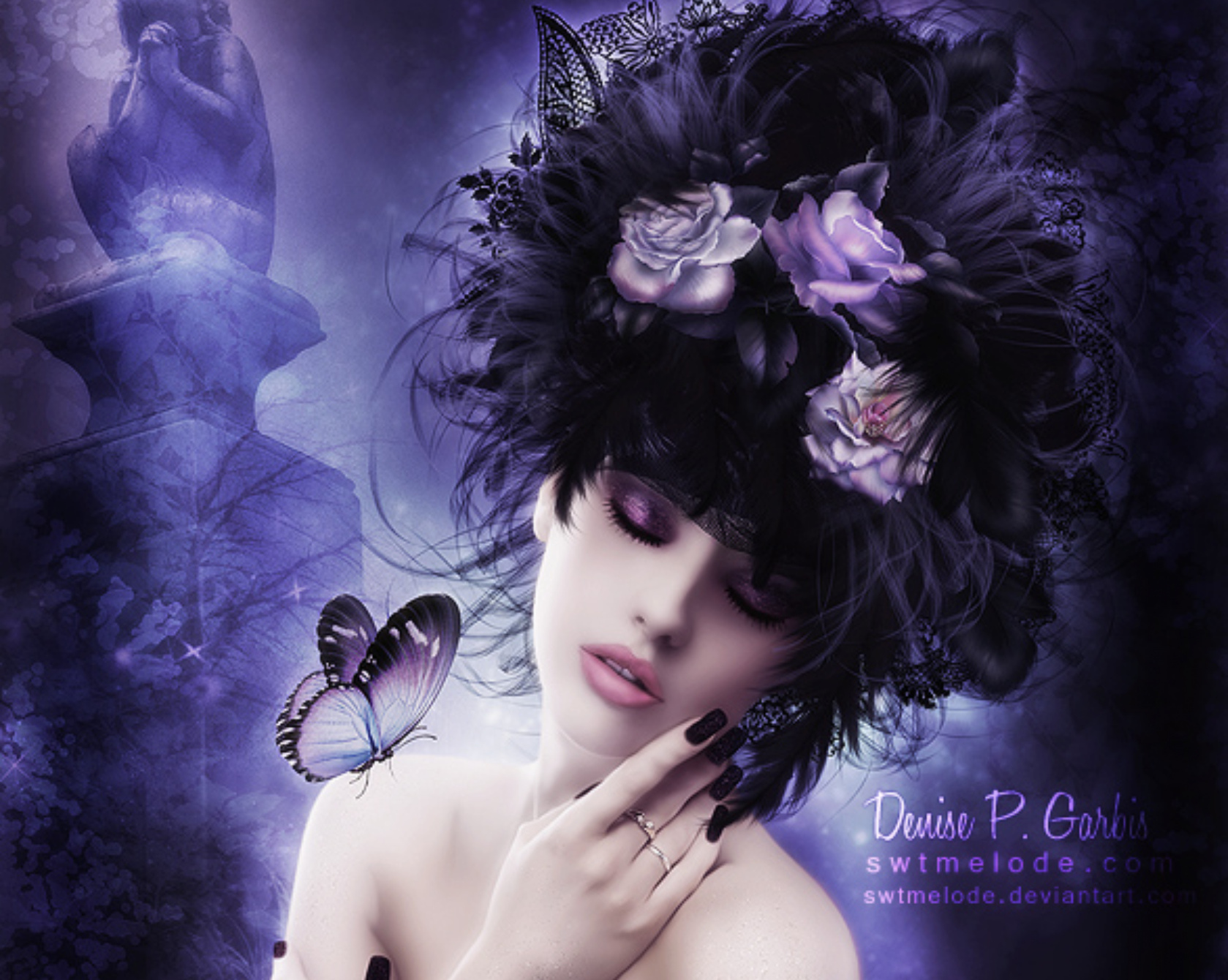 Free download wallpaper Rose, Butterfly, Purple, Artistic, Women on your PC desktop