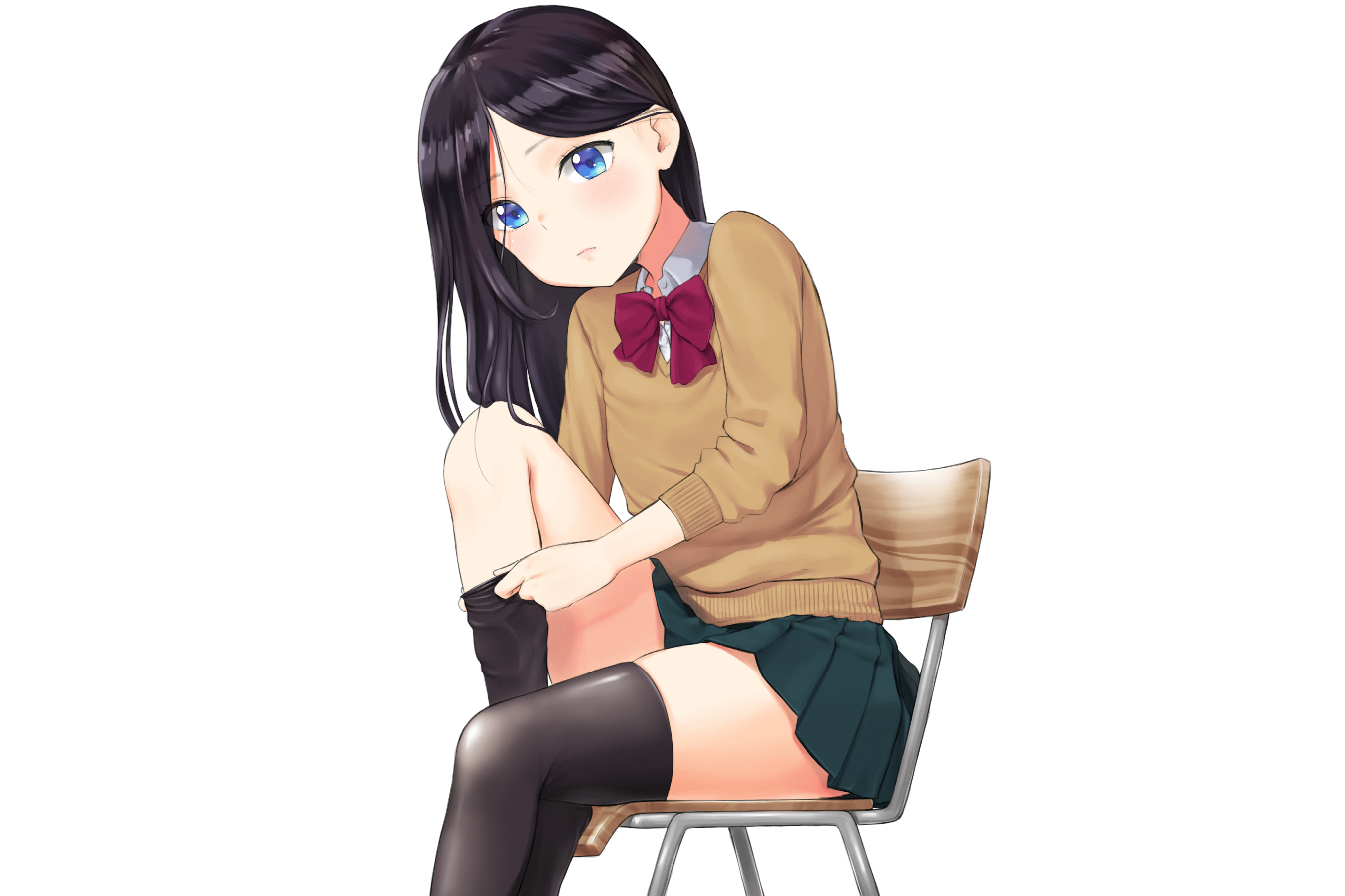 Download mobile wallpaper Anime, Schoolgirl, Blue Eyes, Original, School Uniform, Black Hair, Long Hair, Thigh Highs for free.