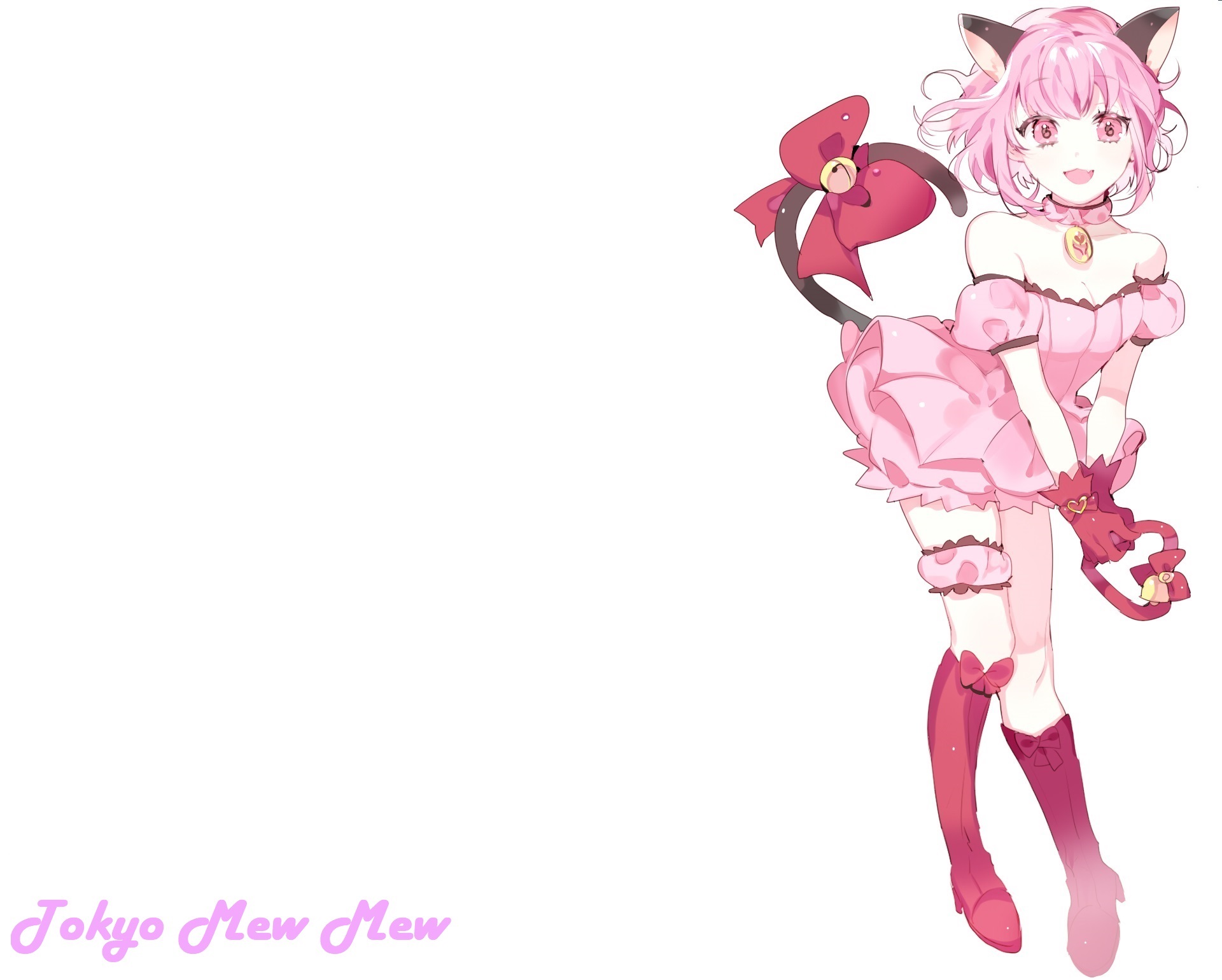 anime, tokyo mew mew, animal ears, bow (clothing), mew ichigo, pink eyes, pink hair, short hair, tail