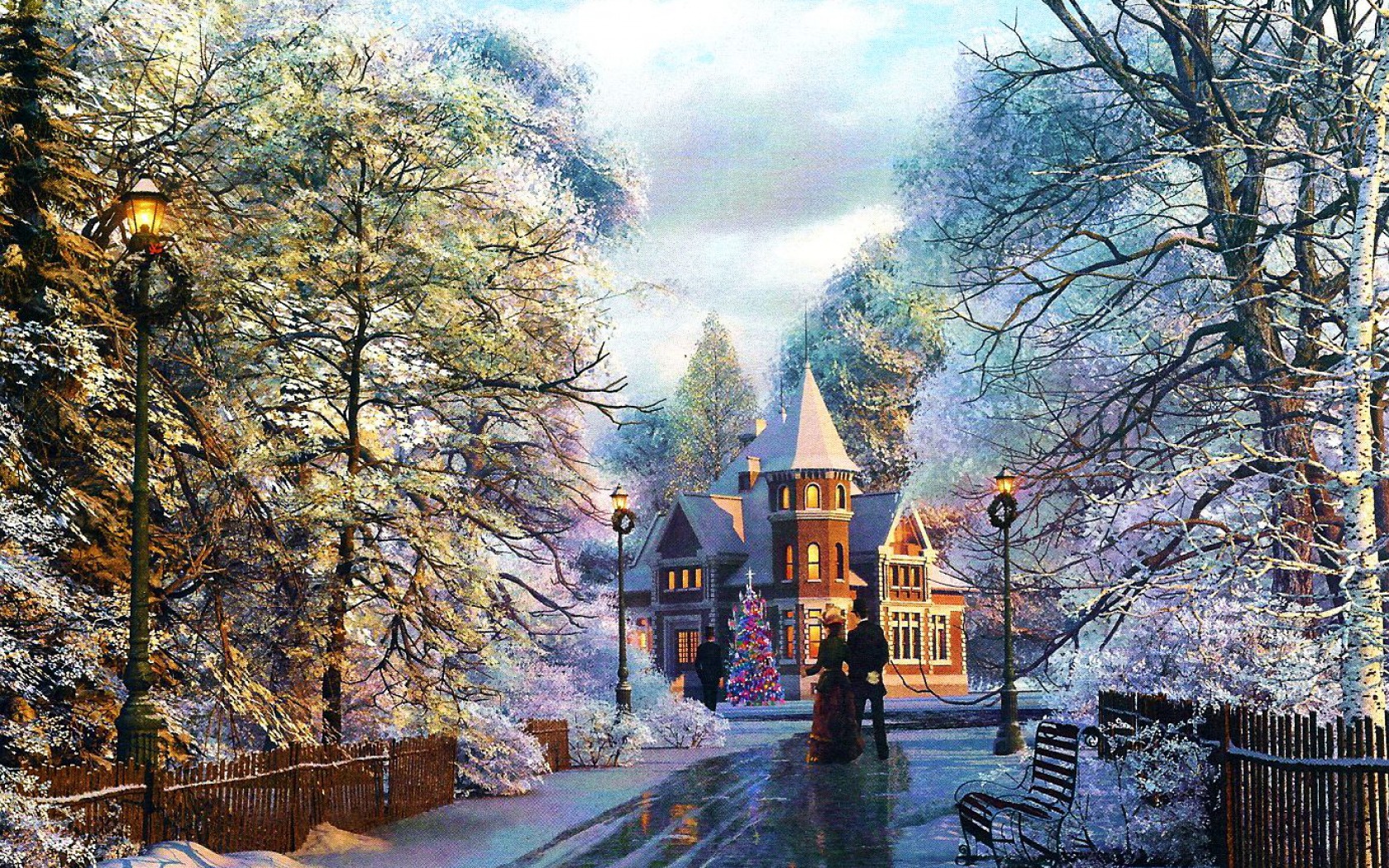 artistic, painting, bench, christmas tree, christmas, house, mansion, street light