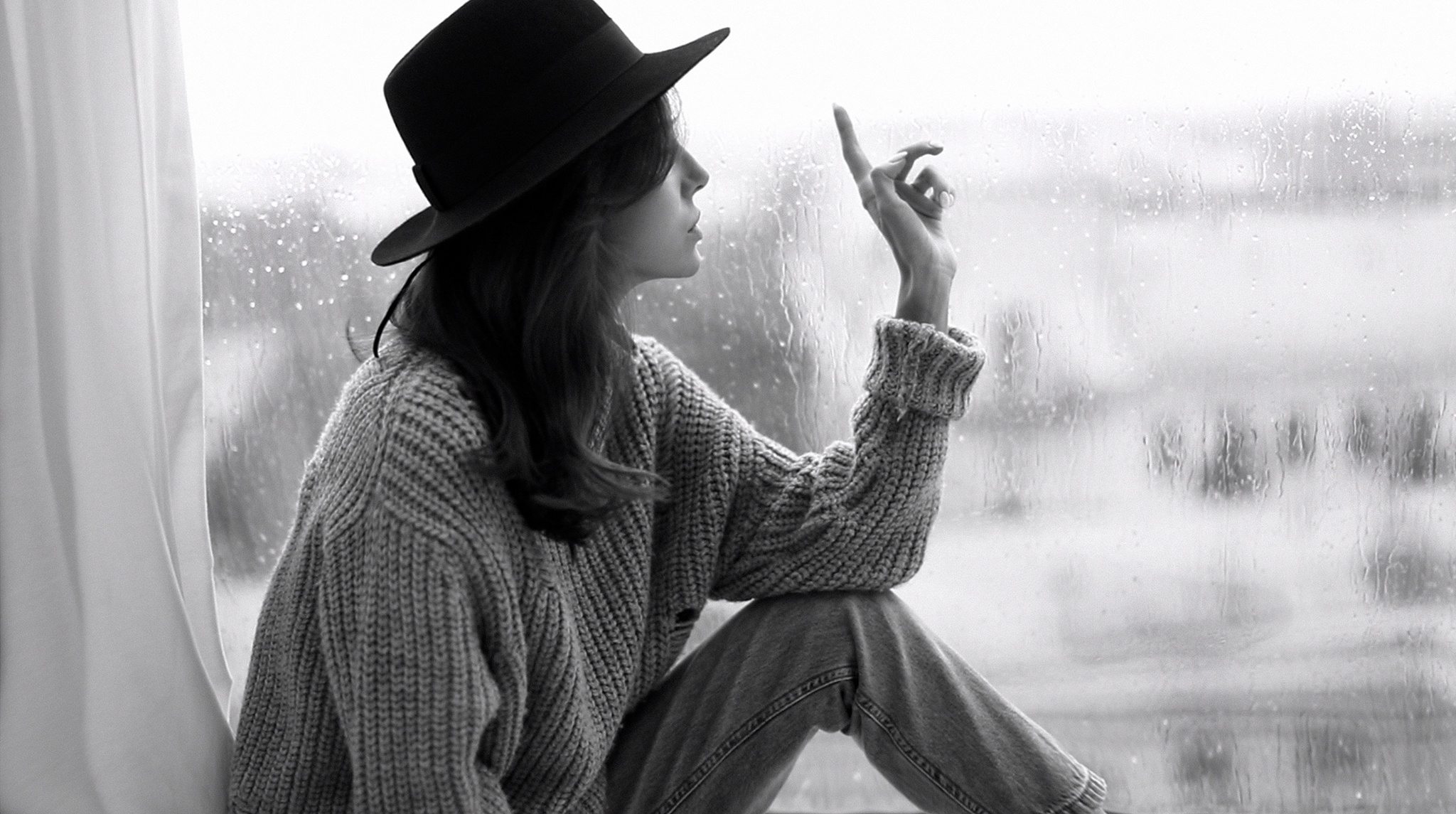 Download mobile wallpaper Rain, Window, Mood, Sweater, Women, Black & White for free.