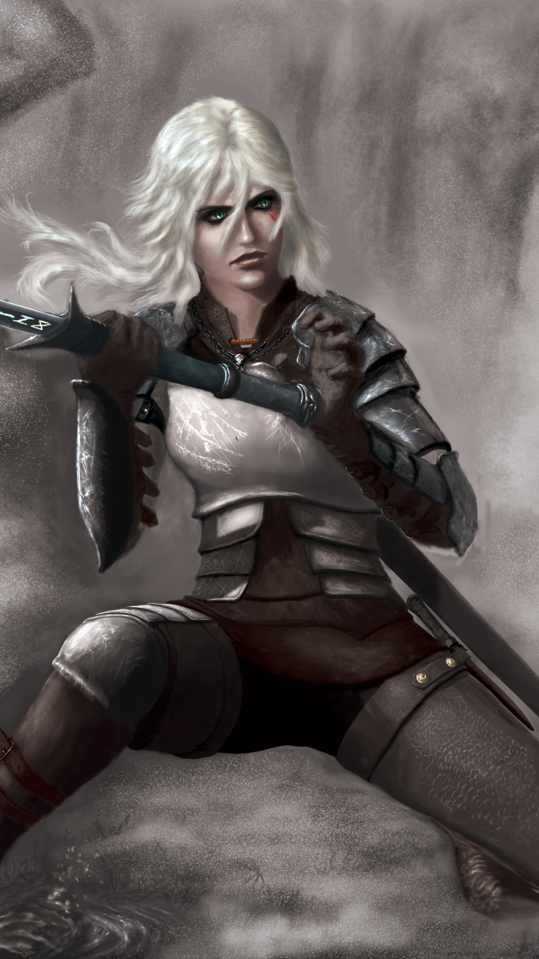 Handy-Wallpaper Dunkel, Kreatur, Schwert, Grüne Augen, Computerspiele, Weißes Haar, Frau Krieger, Der Hexer, The Witcher 3: Wild Hunt, Ciri (Der Hexer) kostenlos herunterladen.