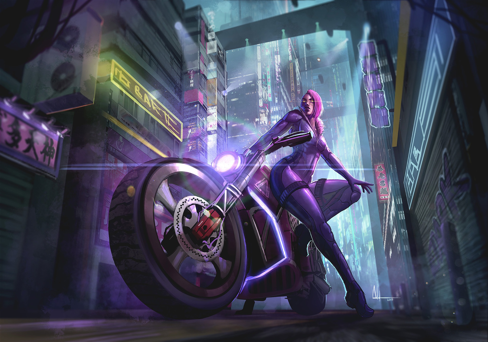 Download mobile wallpaper City, Cyberpunk, Motorcycle, Sci Fi, Futuristic, Pink Hair for free.