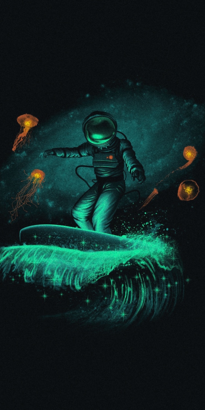 Download mobile wallpaper Jellyfish, Sci Fi, Astronaut, Surfing for free.