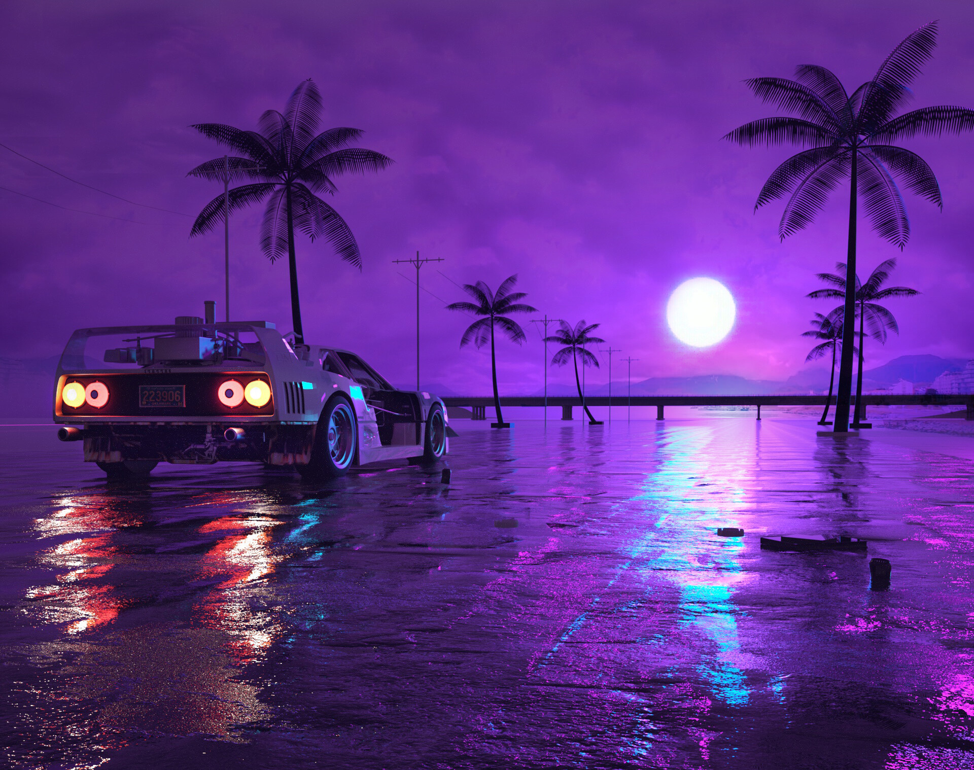 Free download wallpaper Night, Moon, Car, Purple, Artistic, Retro Wave on your PC desktop
